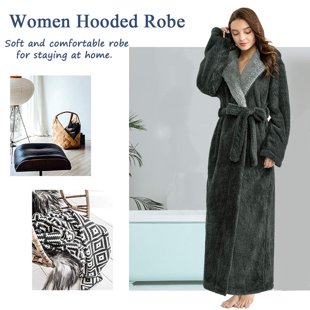 Hellomamma Long Hooded Robe for Women Luxurious Flannel Fleece Full Length Bathrobe Winter Warm Pajamas Shower Nightgown