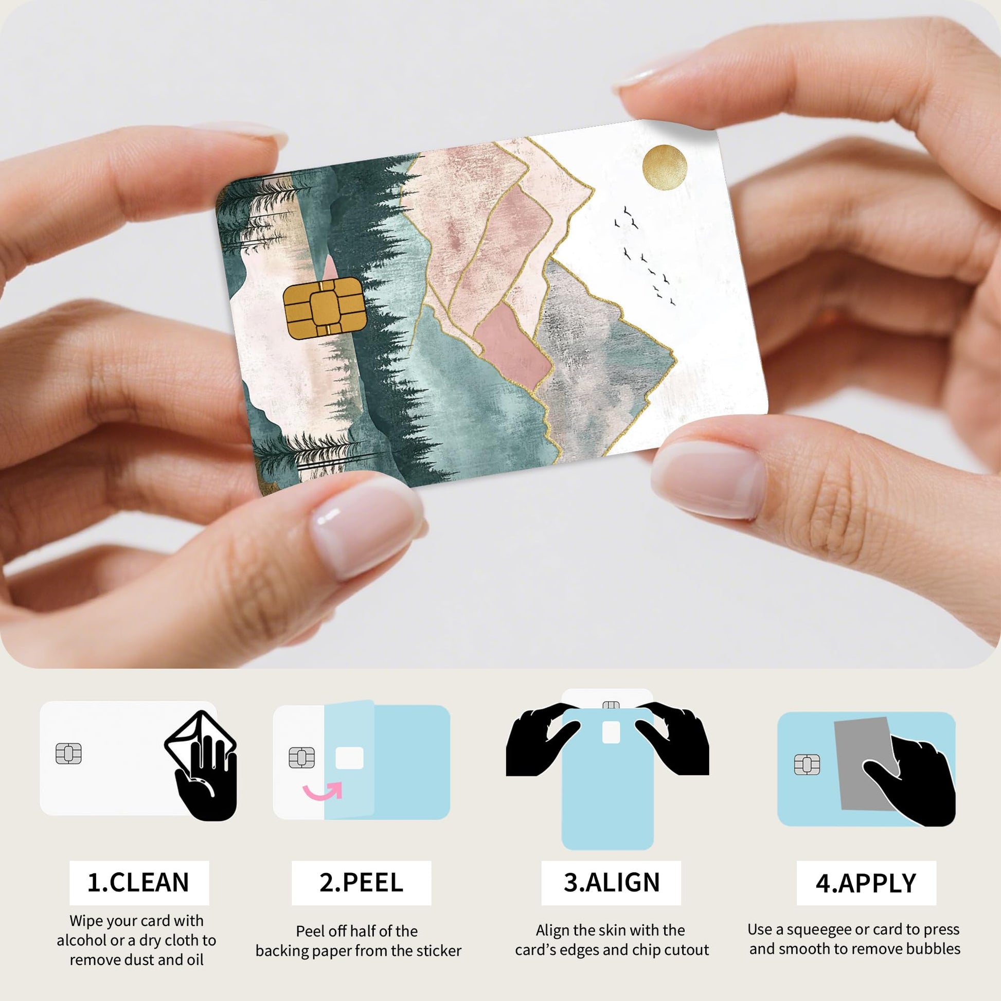 Credit Card Skin Stickers: 4PCS Scenic Mountain Debit Card Skins, Chinoiserie Landscape Cards Covers with Chip Cutout, Waterproof Removable Sticker Wraps for Bank Transportation Key Cards