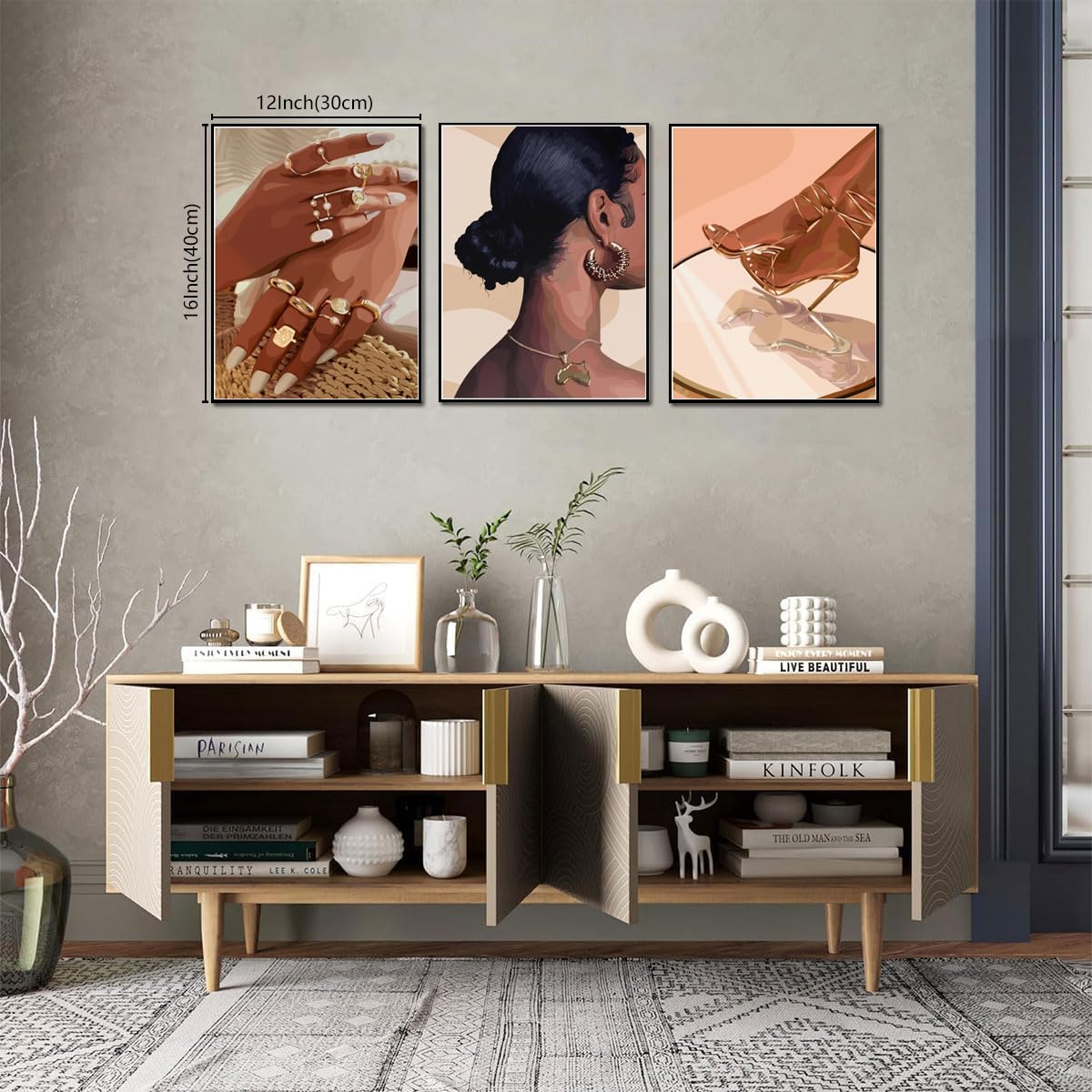Framed Black Girl Wall Art Set of 3, Black Woman with Floral Pictures Wall Decor Paintings, Fashion African American Female Canvas Prints Home Decor for Living Room Bedroom Office 16x24 inch