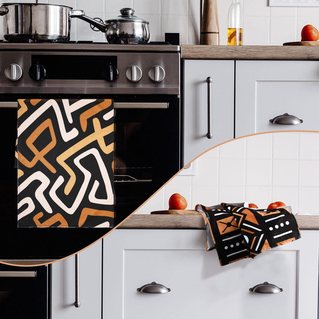 Lasnten African Kitchen Towels Set of 4 Boho Decorative Nativetea Dish Hand Towels Mudcloth Fabric Brown Ethnic Decor for Cooking Housewarming Kuba Tribal Home Decor(African Boho Style)