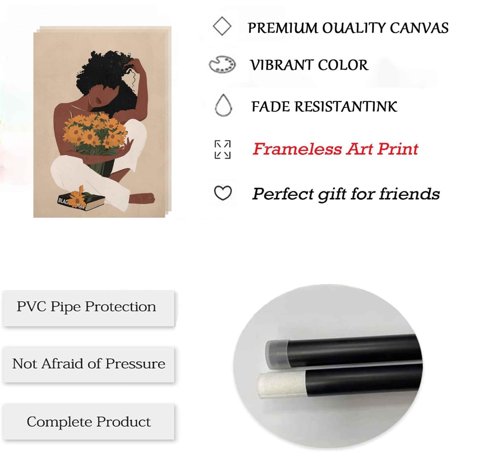 WSTUKVV 3Pcs Black Girl Bathroom Wall Art Boho Black Woman Posters Pictures African American Canvas Prints Fashion Abstract Paintings For Bathroom Home Bedroom Living Room Wall Decor Frame