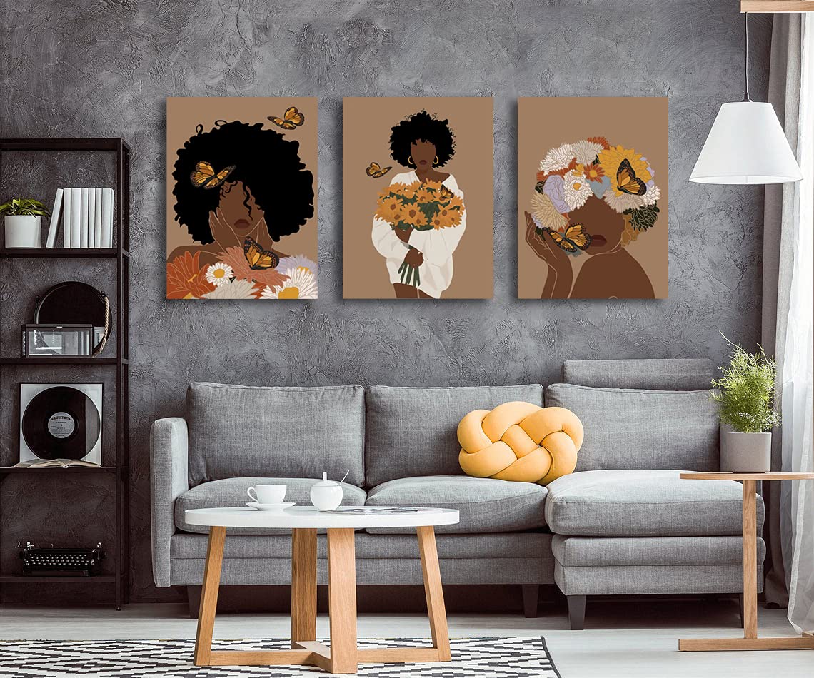 Framed Abstract African American Black Woman Canvas Wall Art, Boho Fashion Flower Art print, Black Women Bedroom Home Decor, Black Girl Poster
