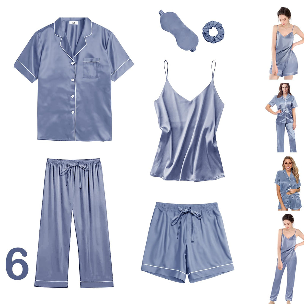 6Pcs Womens Silk Satin Pajama Sets Pj Sets Short Pjs Set Pajamas Sleepwear Camisole Sexy Cami