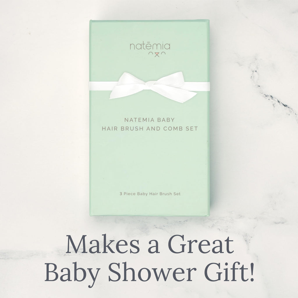 Natemia Wooden Baby Hair Brush & Comb Set - Pack of 3, Oval - Natural Goat Hair Bristles & Soft Bristle Brush - Gentle Scalp Massage & Cradle Cap Comb - For Newborns & Toddlers, Baby Grooming Kit