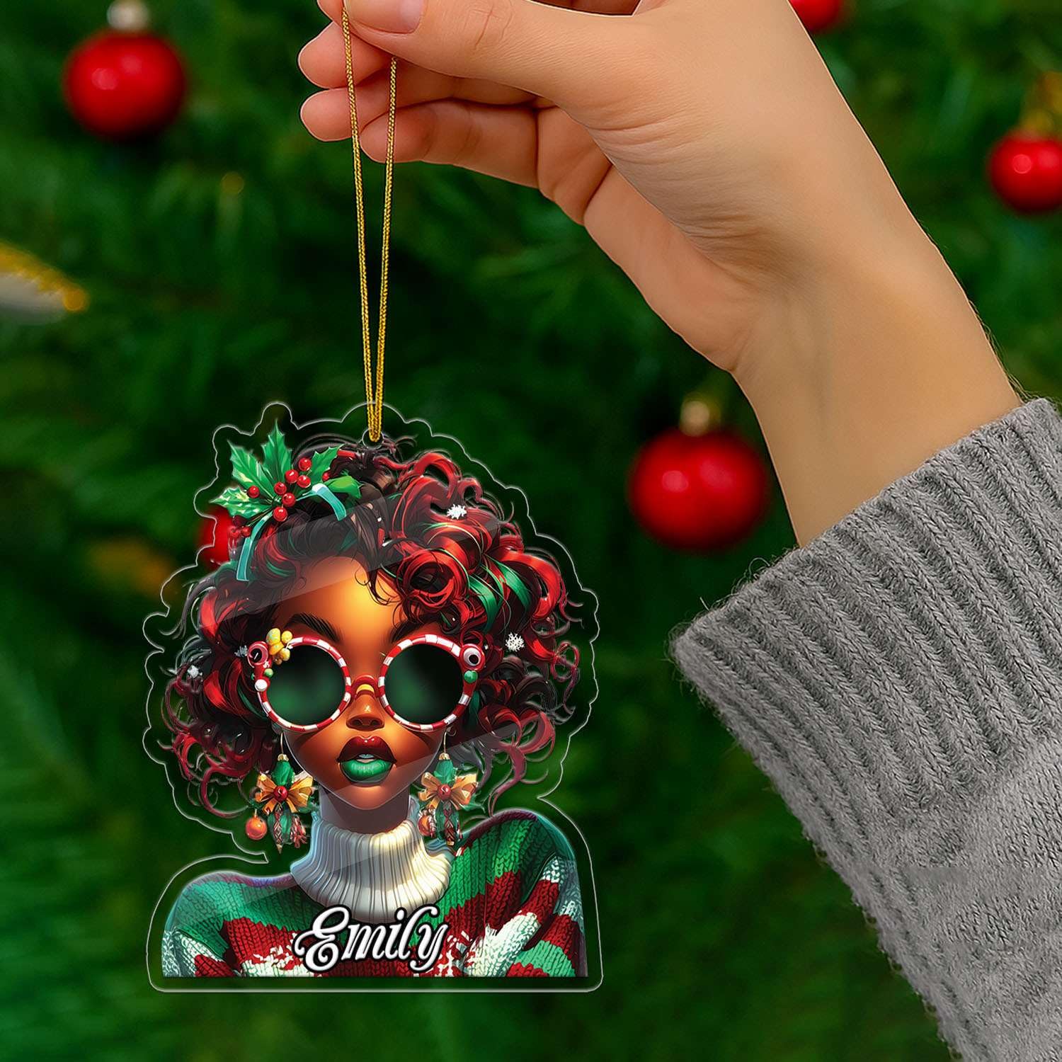 2D Acrylic Christmas Elf Shaped Ornament with Gift Box, Personalized Name Holiday Keepsake, Cute Ornament for Kids Room, Custom Name African-Inspired Decoration, Gifts for Boys