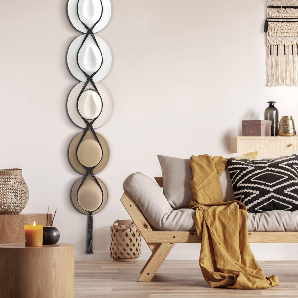 Yulejo Macrame Hat Hangers Boho Hat Rack for Wall Western Cowboy Hanging Organizer for Door Wall Room Bedroom