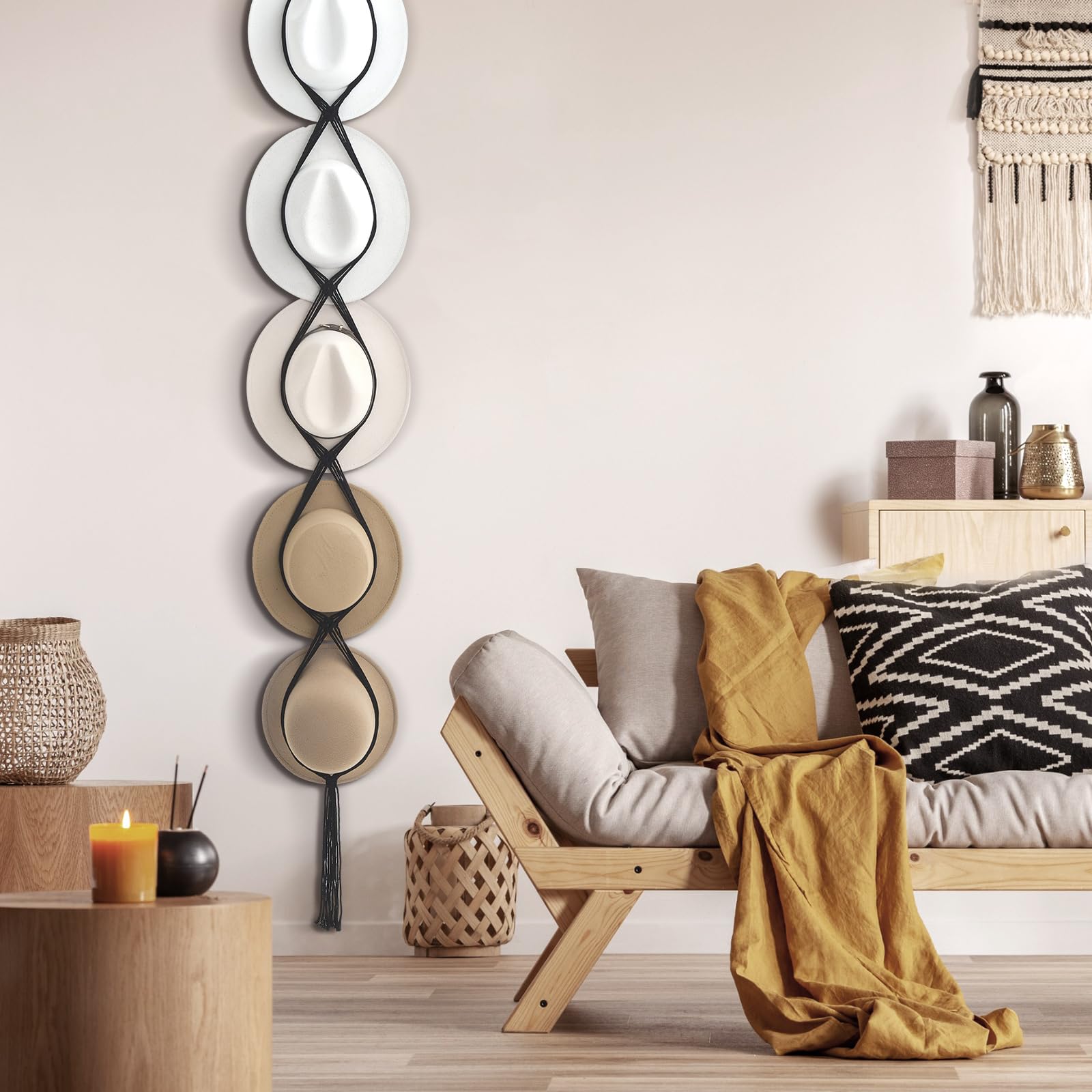 Yulejo Macrame Hat Hangers Boho Hat Rack for Wall Western Cowboy Hanging Organizer for Door Wall Room Bedroom