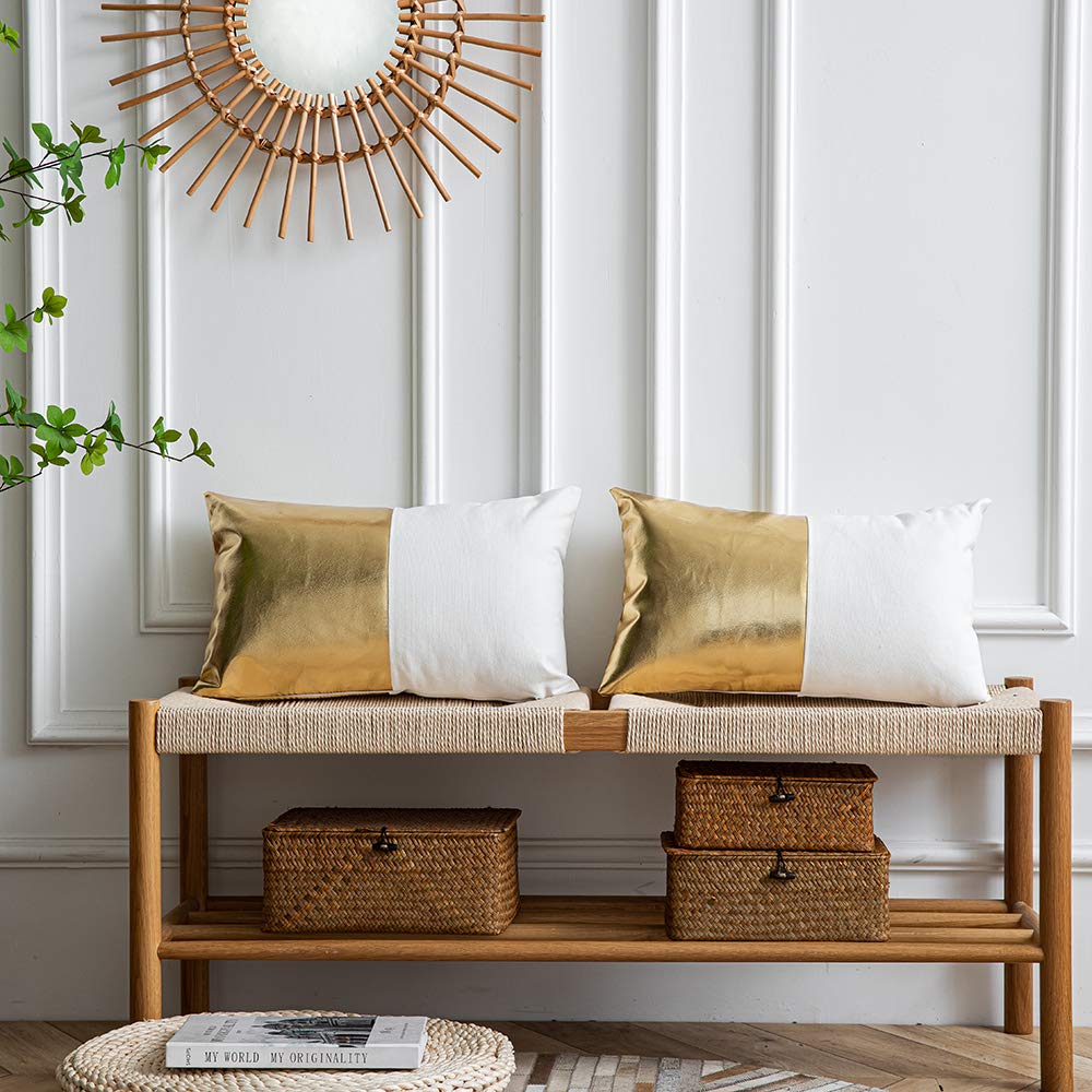 DEZENE Leather Throw Pillow Covers, Set of 2 Modern Leather/Cotton Decorative Pillowcases for Home Decor Bedroom Living Room Couch Bed Sofa, 18x18 Inch, Cognac-Brown and White