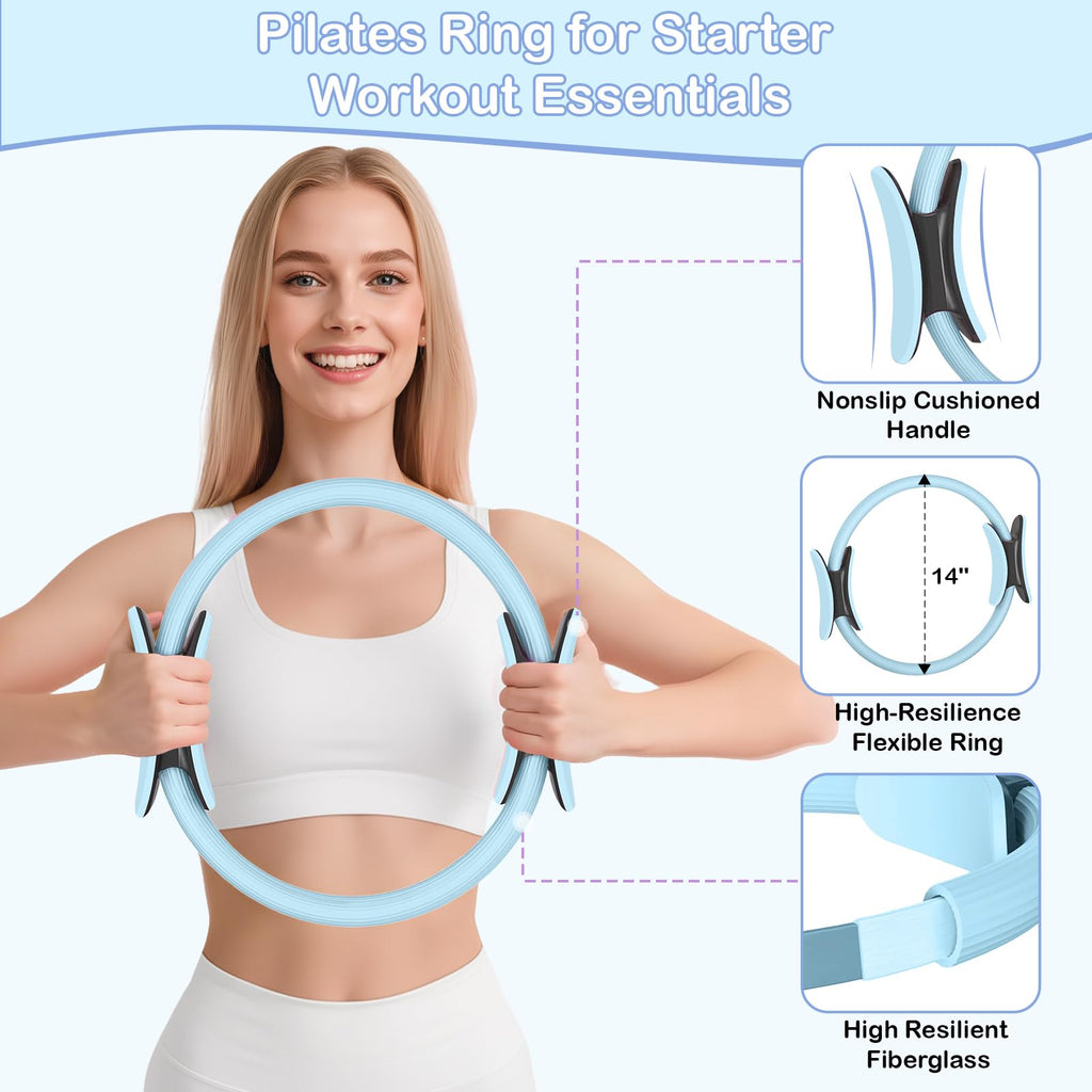 Hoedia 17 PCS Pilates Kit for Women, Pilates Equipment Ring and Ball Set with Resistance Bands, Yoga Strap, Core Sliders, Socks, Bag & Guide for Starter Home Workout Fitness Gym Essentials