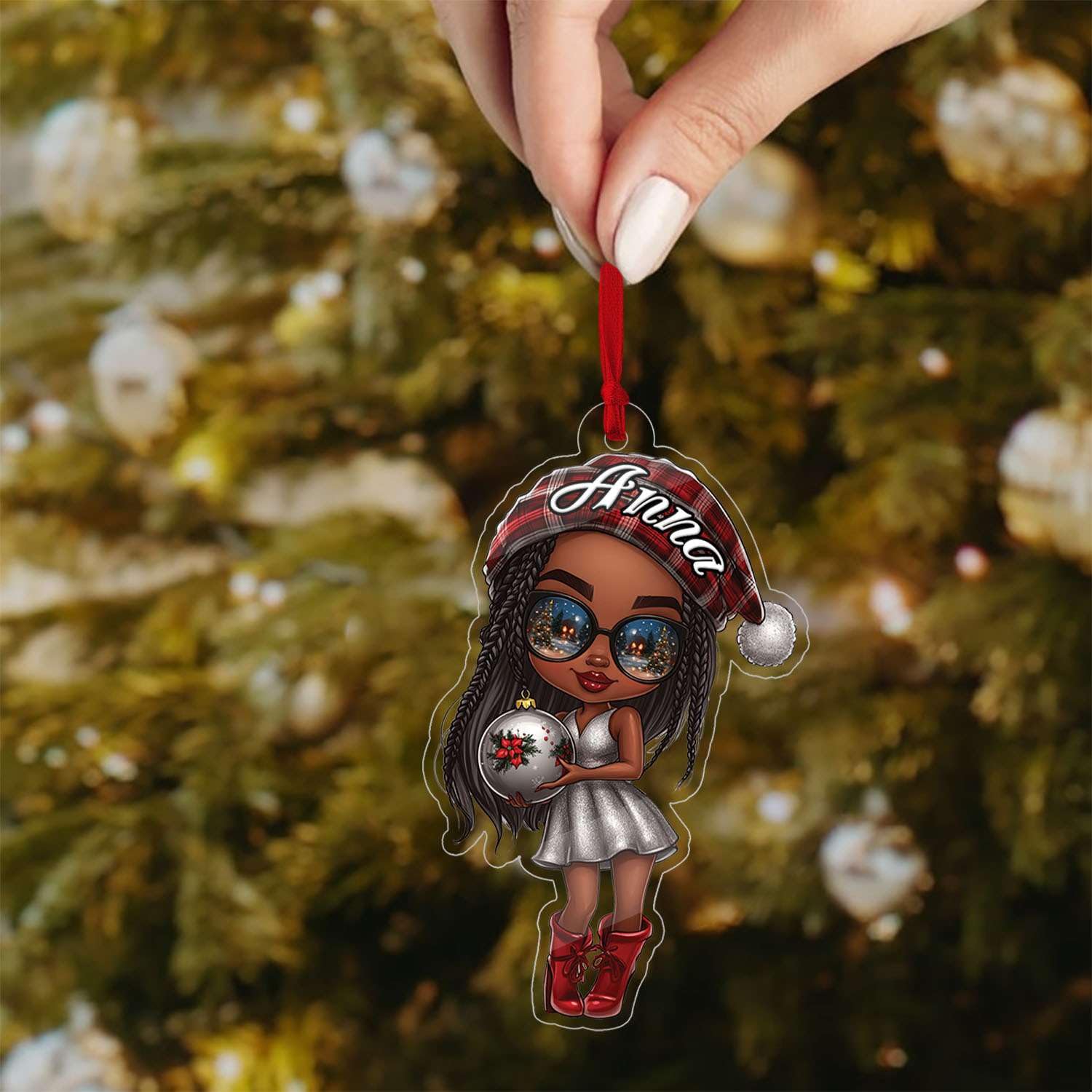 2D Acrylic Christmas Elf Shaped Ornament with Gift Box, Personalized Name Holiday Keepsake, Cute Ornament for Kids Room, Custom Name African-Inspired Decoration, Gifts for Boys