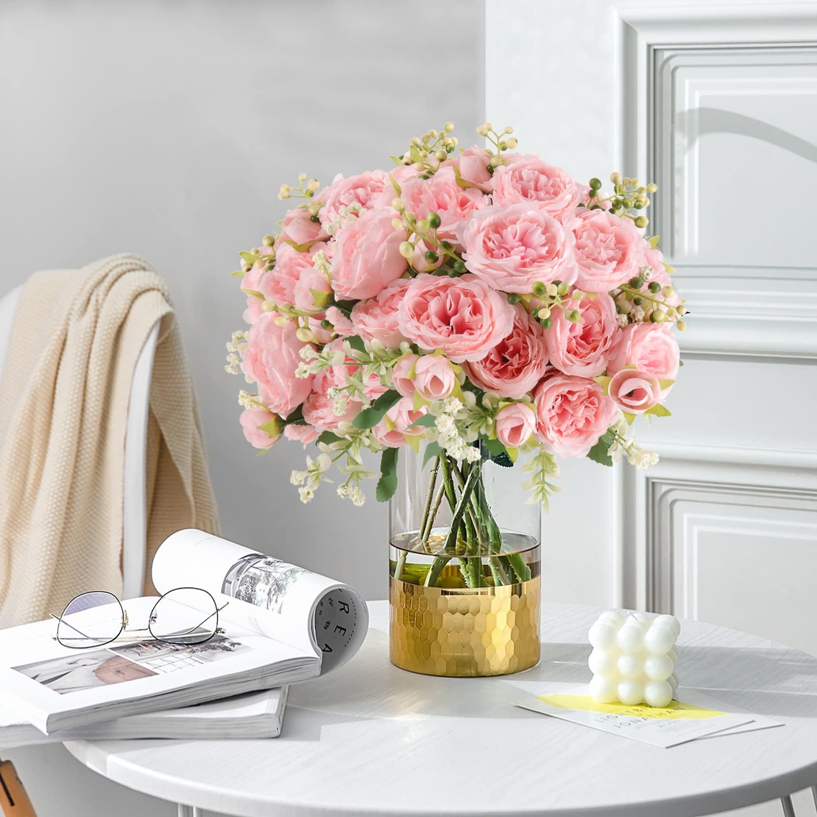 4 Bundles Artificial Peonies Silk Flowers, White Faux Peony Bouquet Florals Arrangements Decor for Farmhouse Home Boho Wedding Table Centerpiece, Fake Plastic Flowers Bulk Vase Decoration (White)