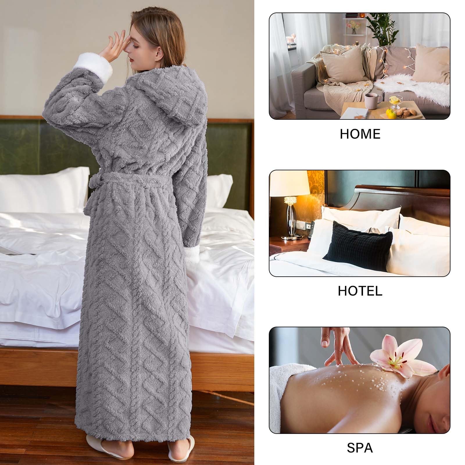 Hellomamma Long Hooded Robe for Women Luxurious Flannel Fleece Full Length Bathrobe Winter Warm Pajamas Shower Nightgown