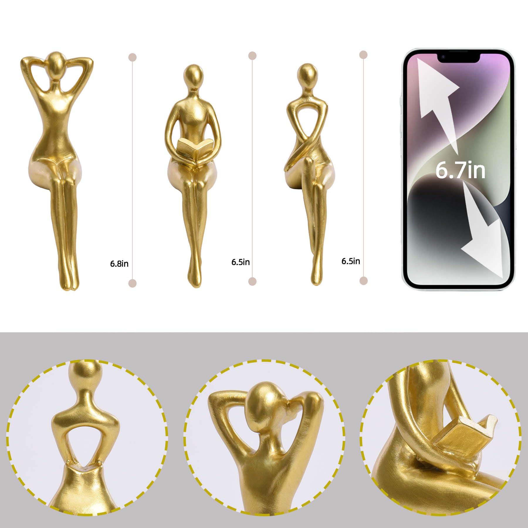 Quoowiit Gold Decor Thinker Statue Decor Book Shelf Decor, Abstract Statue Ornament Office Decor Modern Home Decor Decorations for Living Room Collectable Figurines Coffee Table Decor 3 Piece