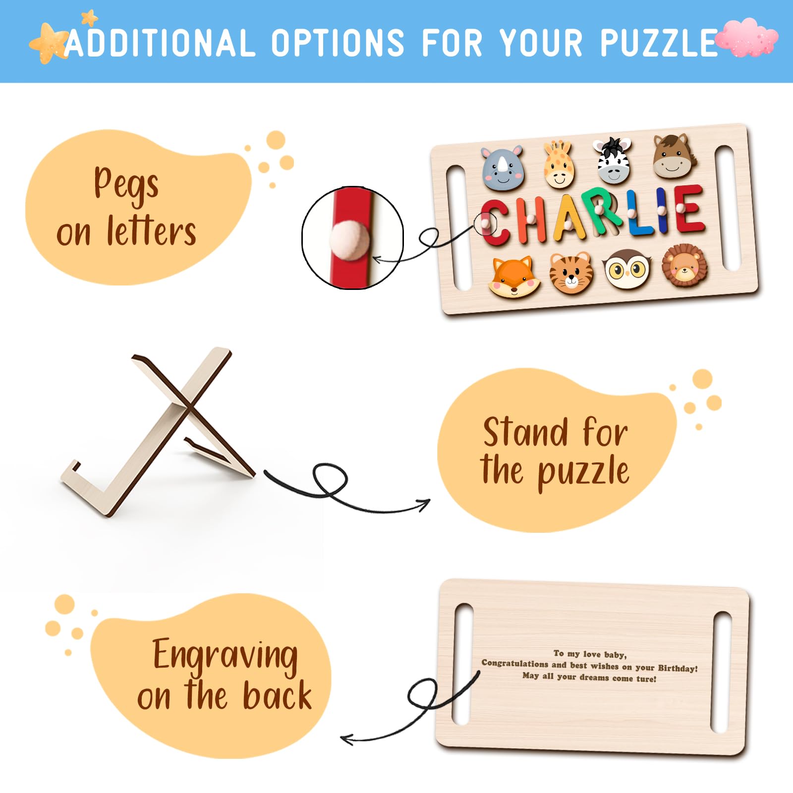 Personalized Name Puzzle for Kids, Personalized Baby Gifts Custom Name Puzzles for Toddlers 1-3 Animal Puzzle, Customized 1st Birthday for Girls & Boys Wooden Puzzle Montessor Toys for Kids