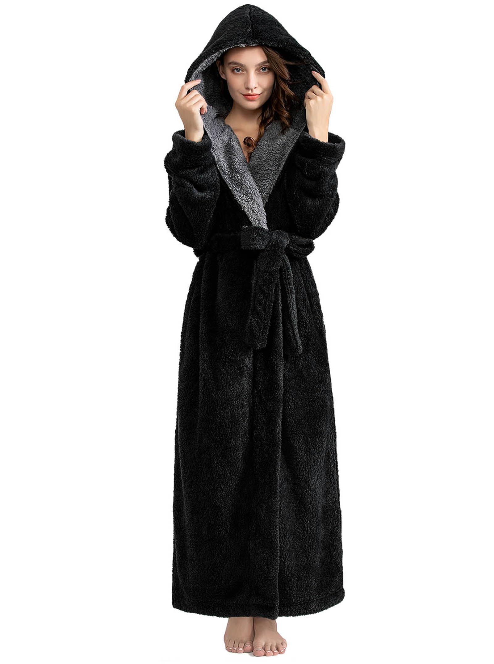 Hellomamma Long Hooded Robe for Women Luxurious Flannel Fleece Full Length Bathrobe Winter Warm Pajamas Shower Nightgown