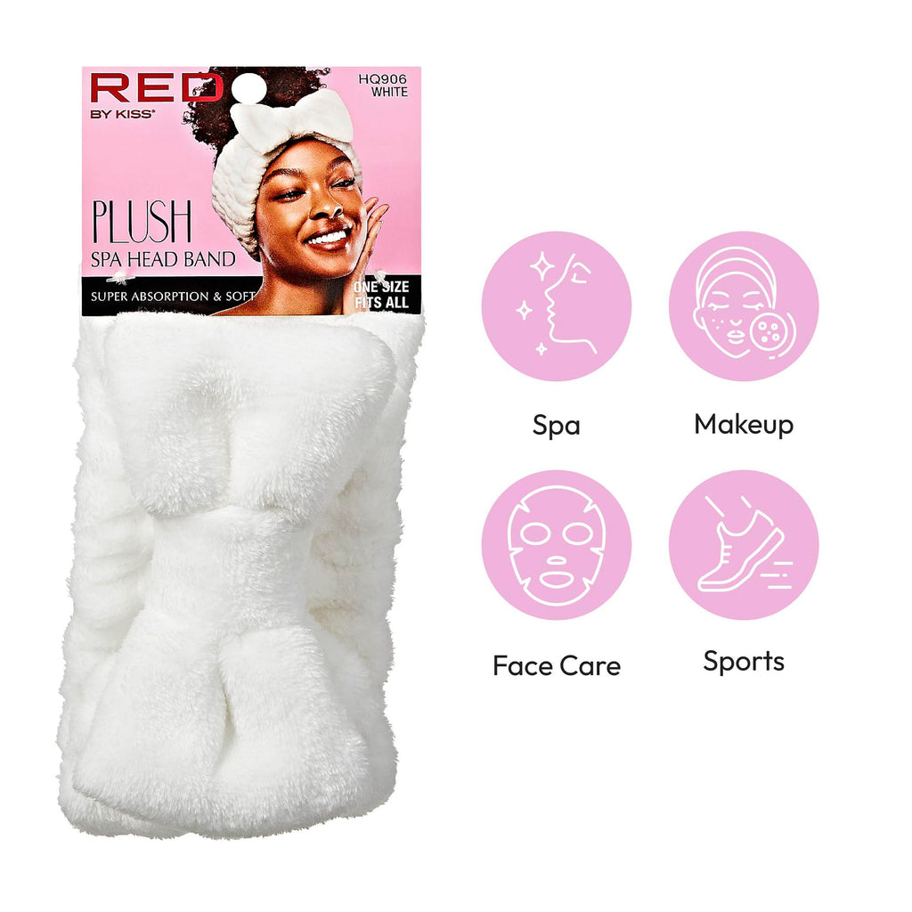 Red by Kiss Spa Headband for Washing Face Facial Makeup Bow Head Band Soft Plush Fleece Stretchy Head Wraps for Women Shower Bath Washing Face Mask (WHITE)