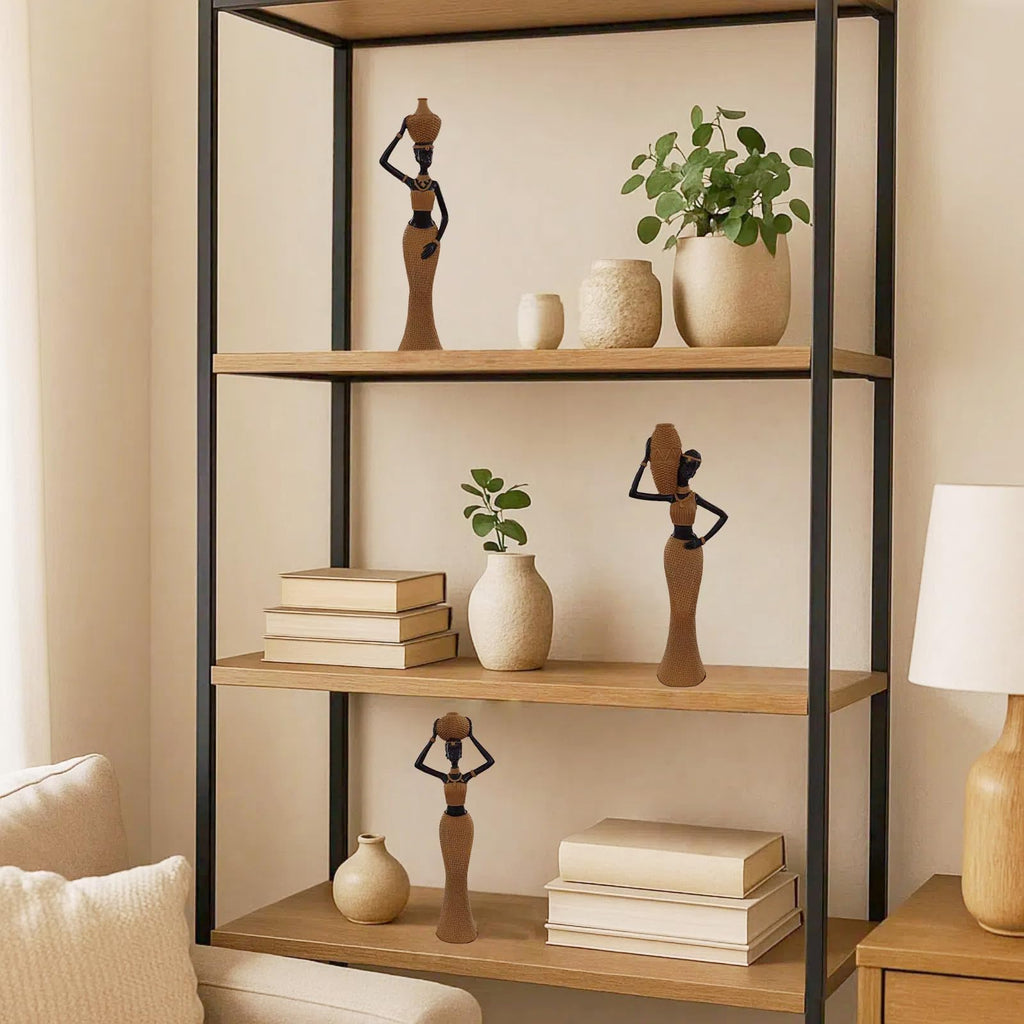 Set of 3 Resin African Woman Statues – Elegant Tribal Figurines in Gold Dresses, Afrocentric Home Decor Sculptures for Living Room, Bookshelf, Gift