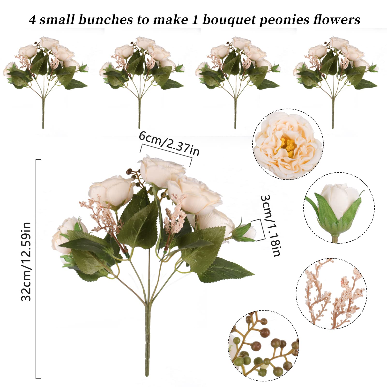 4 Bundles Artificial Peonies Silk Flowers, White Faux Peony Bouquet Florals Arrangements Decor for Farmhouse Home Boho Wedding Table Centerpiece, Fake Plastic Flowers Bulk Vase Decoration (White)