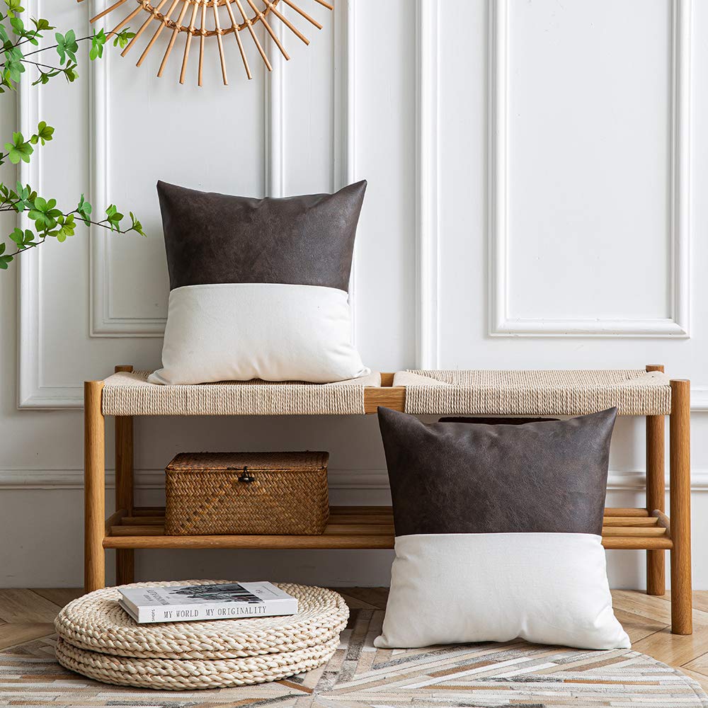 DEZENE Leather Throw Pillow Covers, Set of 2 Modern Leather/Cotton Decorative Pillowcases for Home Decor Bedroom Living Room Couch Bed Sofa, 18x18 Inch, Cognac-Brown and White