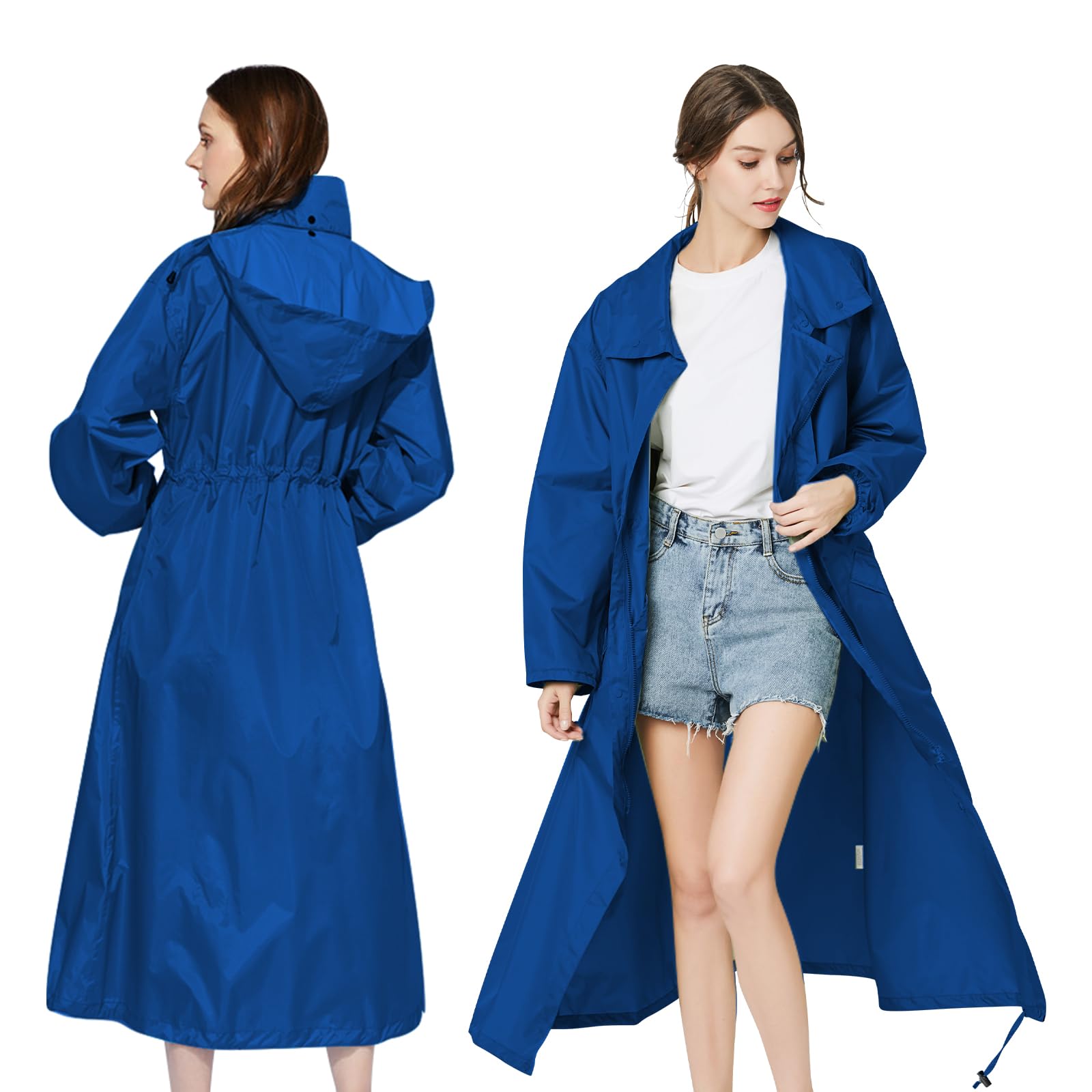 LAMA Womens Long Raincoats Rain Jacket Waterproof Packable Hooded Windbreaker Lightweight Adjustable Waist for Outdoor