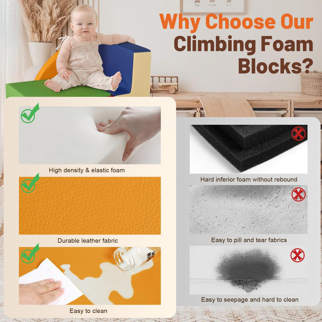 4-Piece Soft PU Leather Toddlers Climbing Toys, Baby Foam Climbing Blocks for Toddlers 3, Foam Play Gym Climbing Structures, Indoor Climb and Crawl Activity Play Set (White and Coffee)