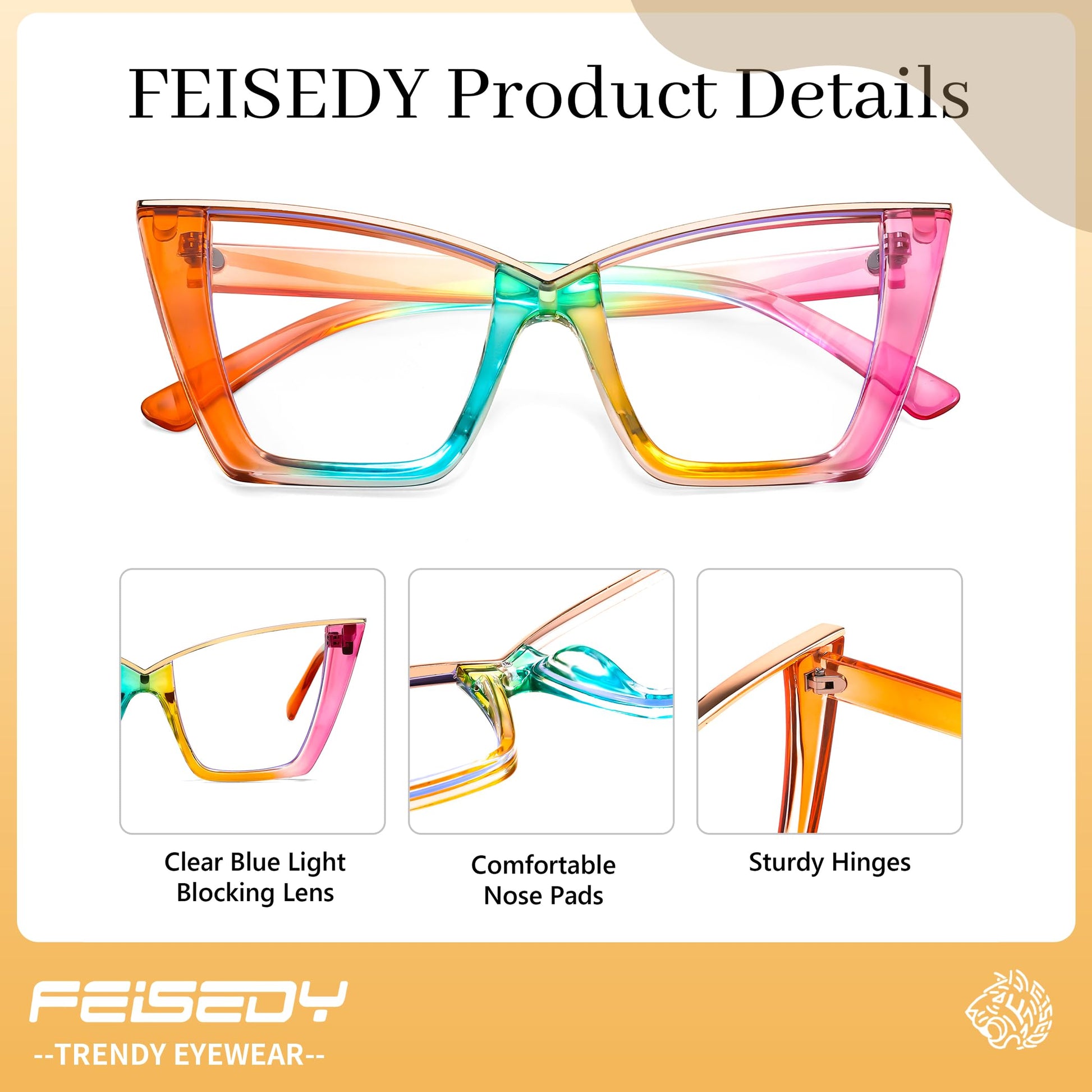 FEISEDY Fashion Cat Eye Blue Light Blocking Glasses for Women Fake Retro Eyeglasses Oversized Stylish Eyewear Frame B0240