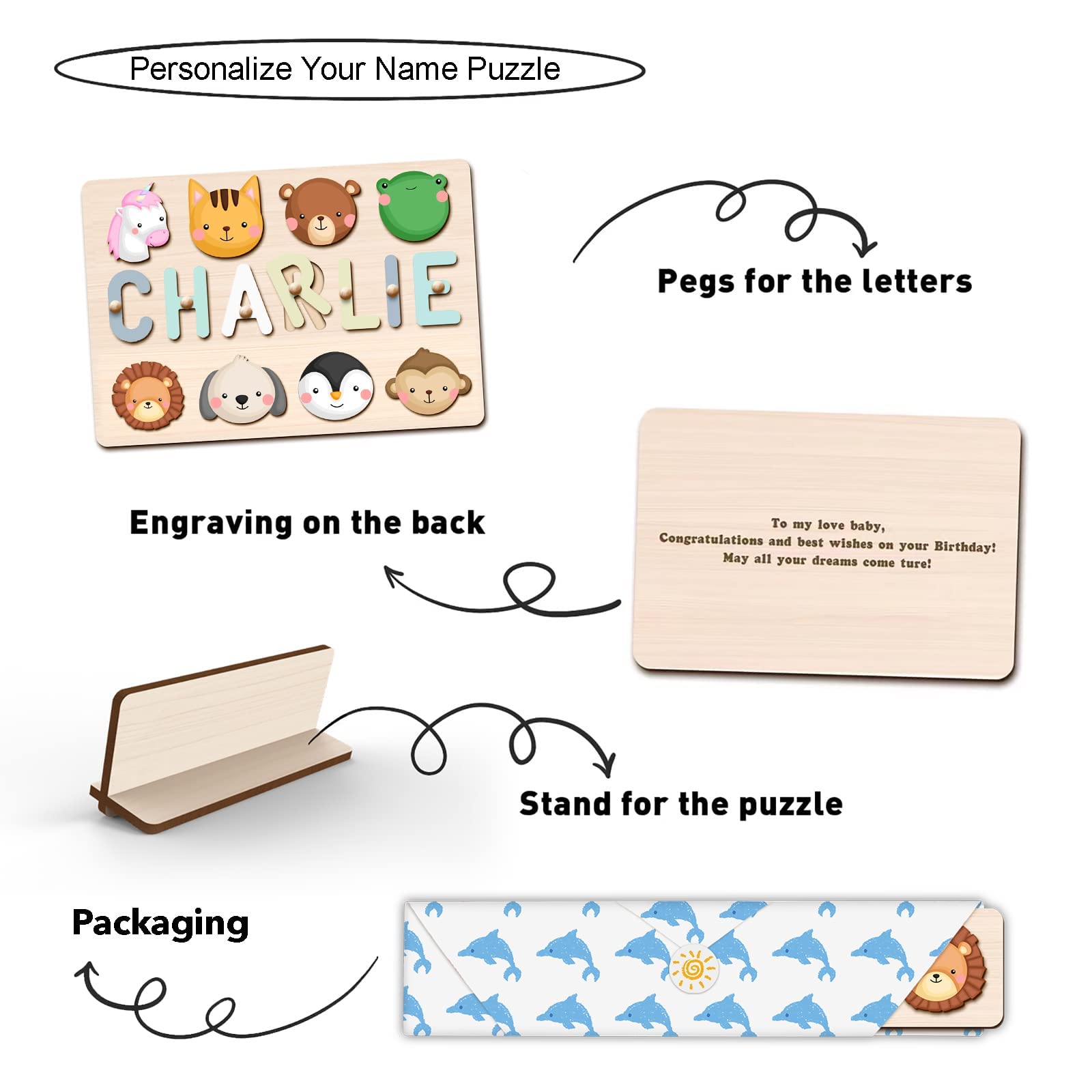 Personalized Name Puzzle for Kids, Personalized Baby Gifts Custom Name Puzzles for Toddlers 1-3 Animal Puzzle, Customized 1st Birthday for Girls & Boys Wooden Puzzle Montessor Toys for Kids