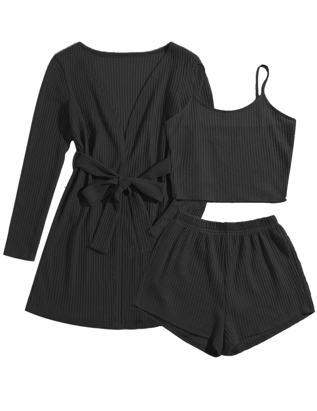 Ekouaer Womens 3 Piece Waffle Knit Lounge Set Soft Pajama Sets Tank Top and Shorts Cardigan with Pockets S-XXL