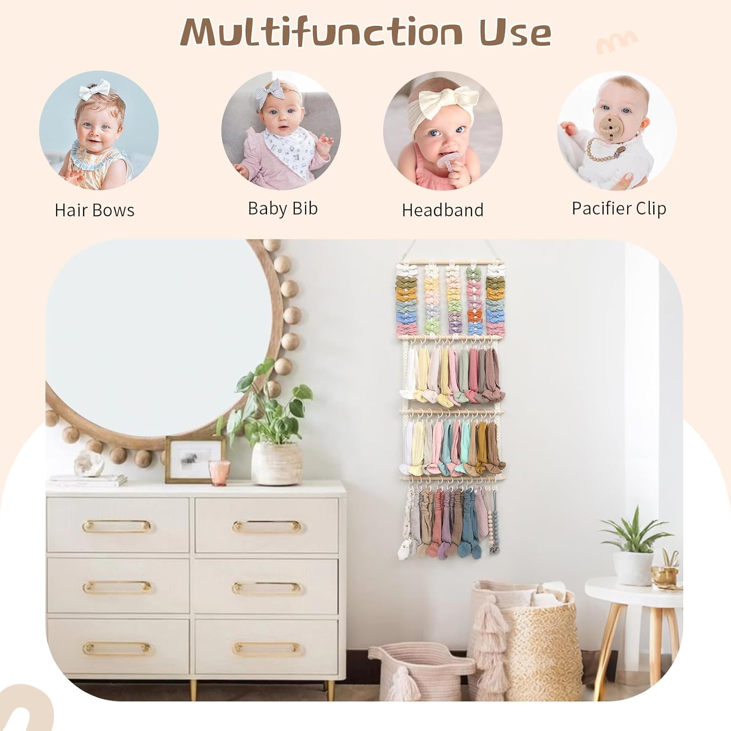 POVETIRE Headband Holder Hair Bows Organizer for Girls, Baby Headbands Hair Accessories Organizer Storage Wall Hanging Decor for Toddler Girls Room