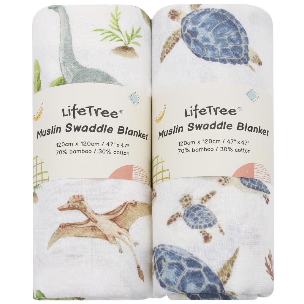 LifeTree Muslin Swaddle Blankets, Baby Swaddling Wrap Nursery Blanket Unisex, Soft 70% Viscose from Bamboo and 30% Cotton, Large 47 x 47 inches, Bear & Checkered Swaddle Blanket