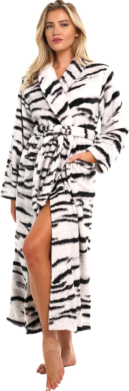 Alexander Del Rossa Plush Striped Robe for Women, Long Fleece Plaid Winter Bath Robe, Plus Size