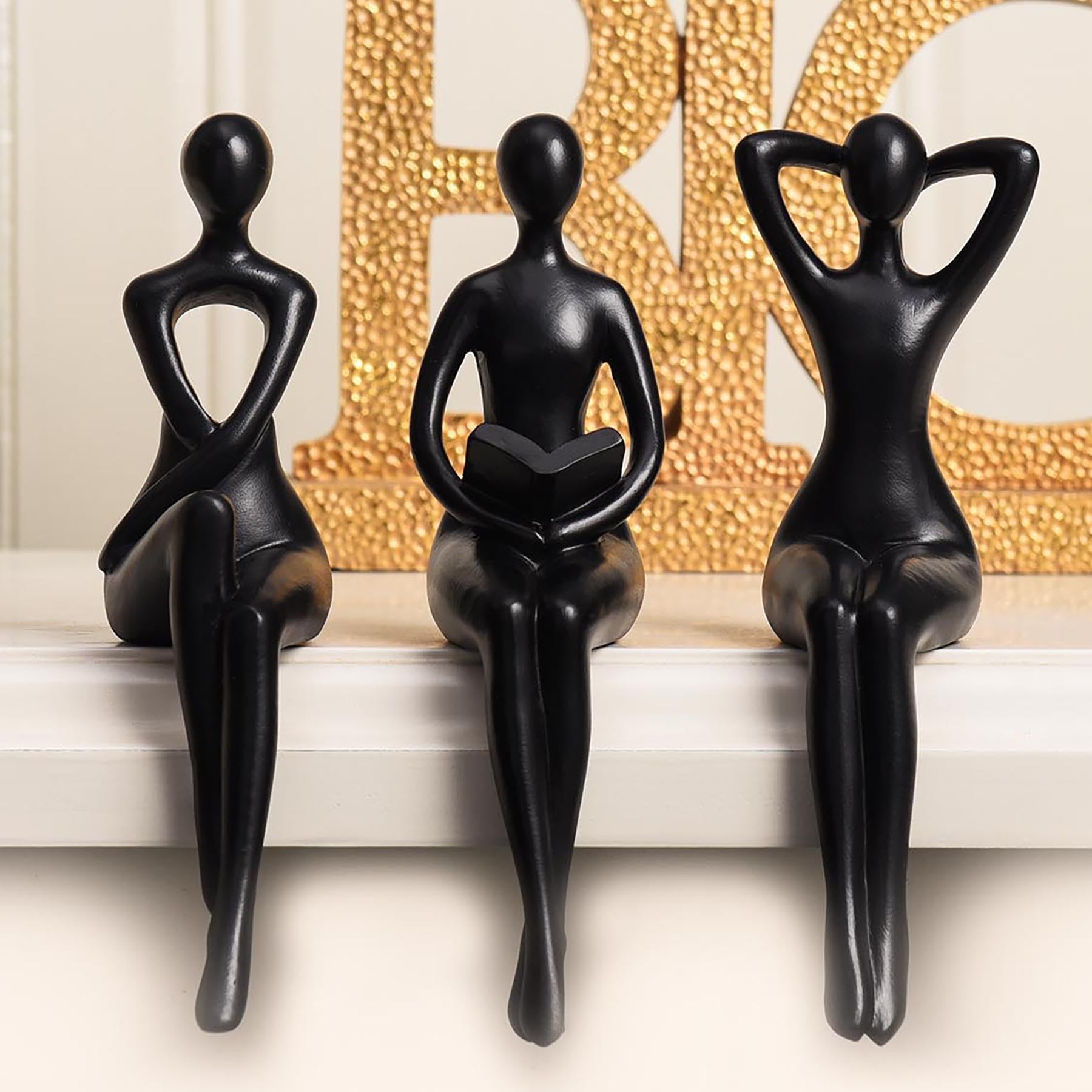 Quoowiit Gold Decor Thinker Statue Decor Book Shelf Decor, Abstract Statue Ornament Office Decor Modern Home Decor Decorations for Living Room Collectable Figurines Coffee Table Decor 3 Piece