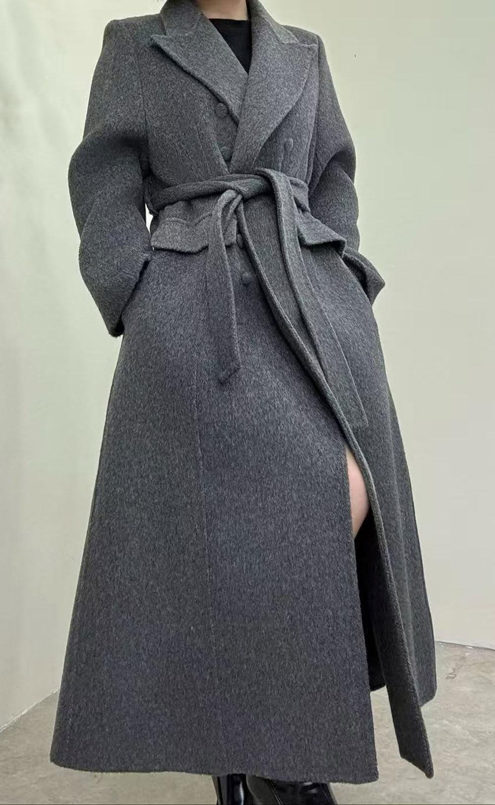 CHARTOU Women Long Winter Wool Pea Coat Lapel Double Breasted Trench Over Coat with Belt