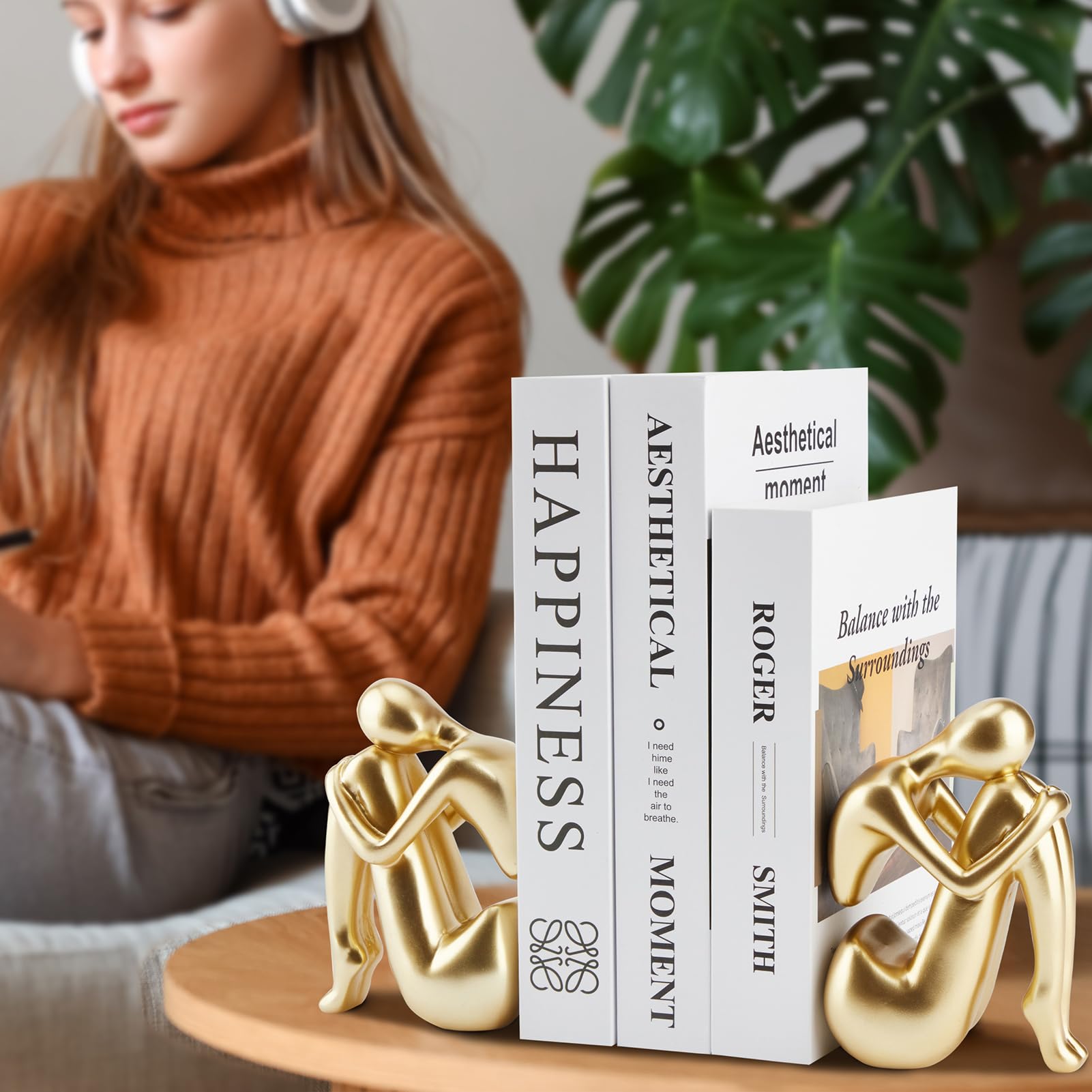 Black Decor Women Statue, Thinker Girl Sculptures, Modern Abstract Art Accents, Black Resin Collectible Figurines for Living Room Bedroom Bookshelf Coffe Table, Resin, 1Piece