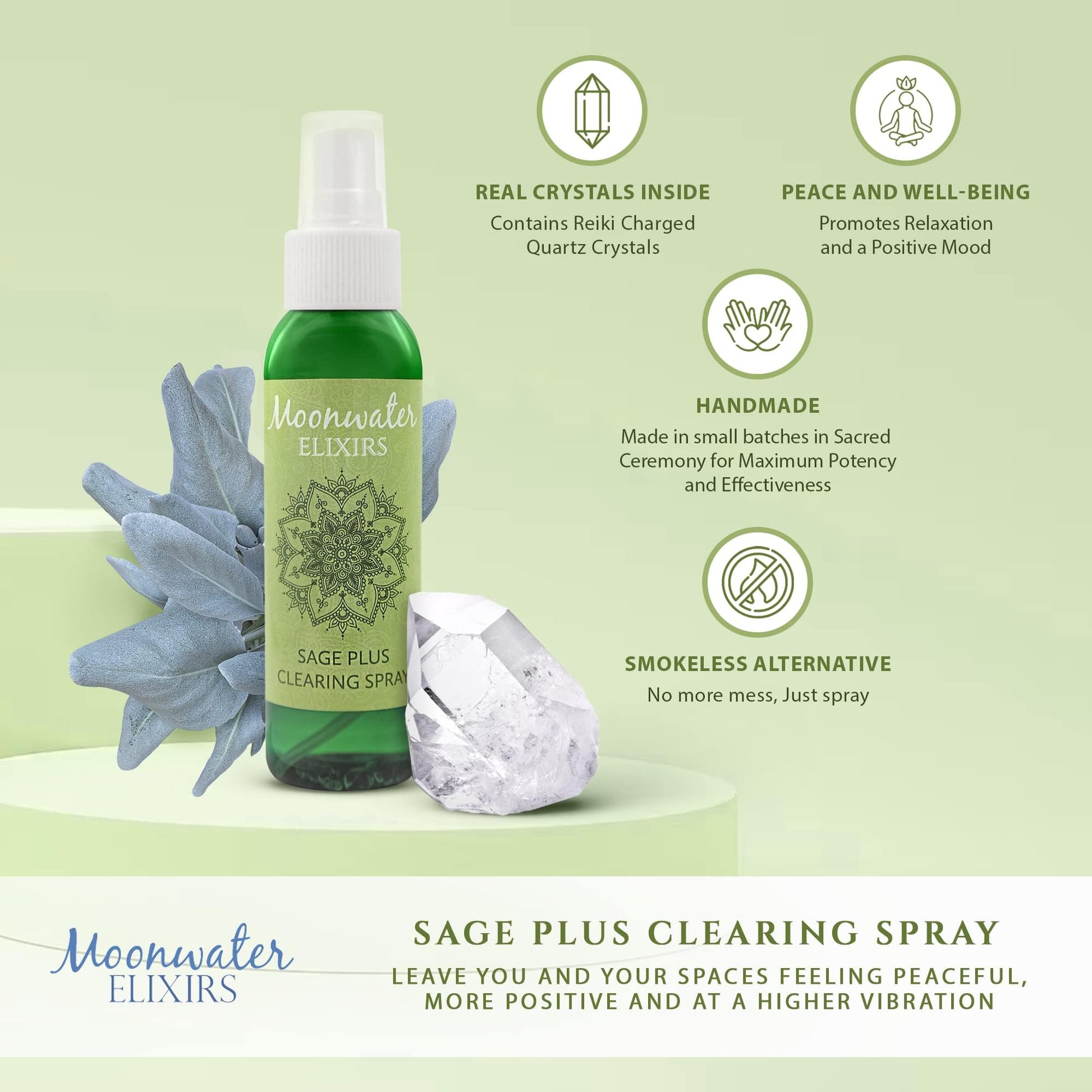 White Sage Smudge Spray for Spiritual Cleansing & Aura Protection, Sage Mist for Cleansing Negative Energy & Protection, Home & Meditation, Clear Quartz Reiki Energized Aromatherapy Room Spray - 4oz