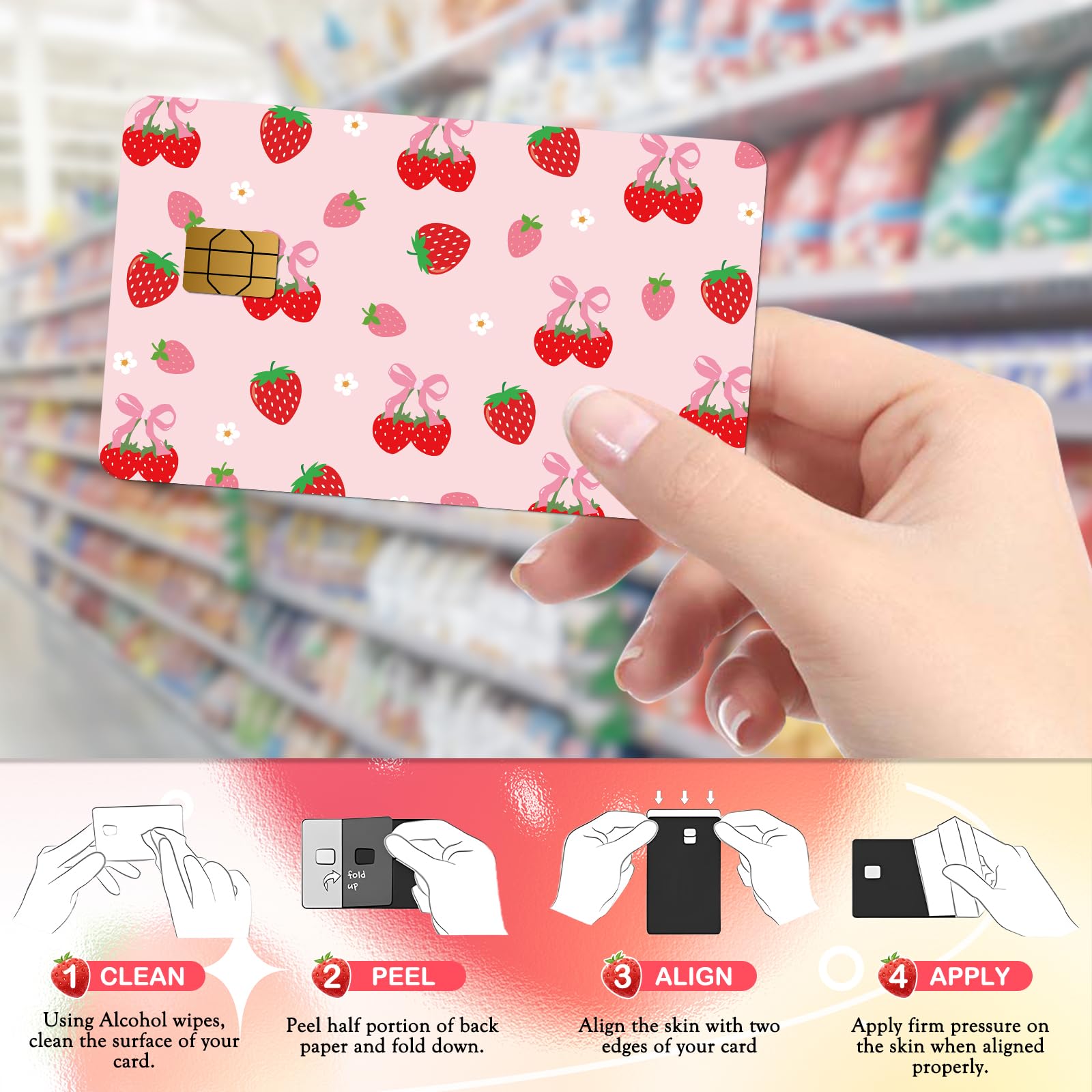 Credit Card Skin Stickers - 4 Pcs Pink Strawberry Debit Card Skin Stickers, Cute Berry Bow Daisy Removable Waterproof Decal Cover Set for DIY Key, Transportation