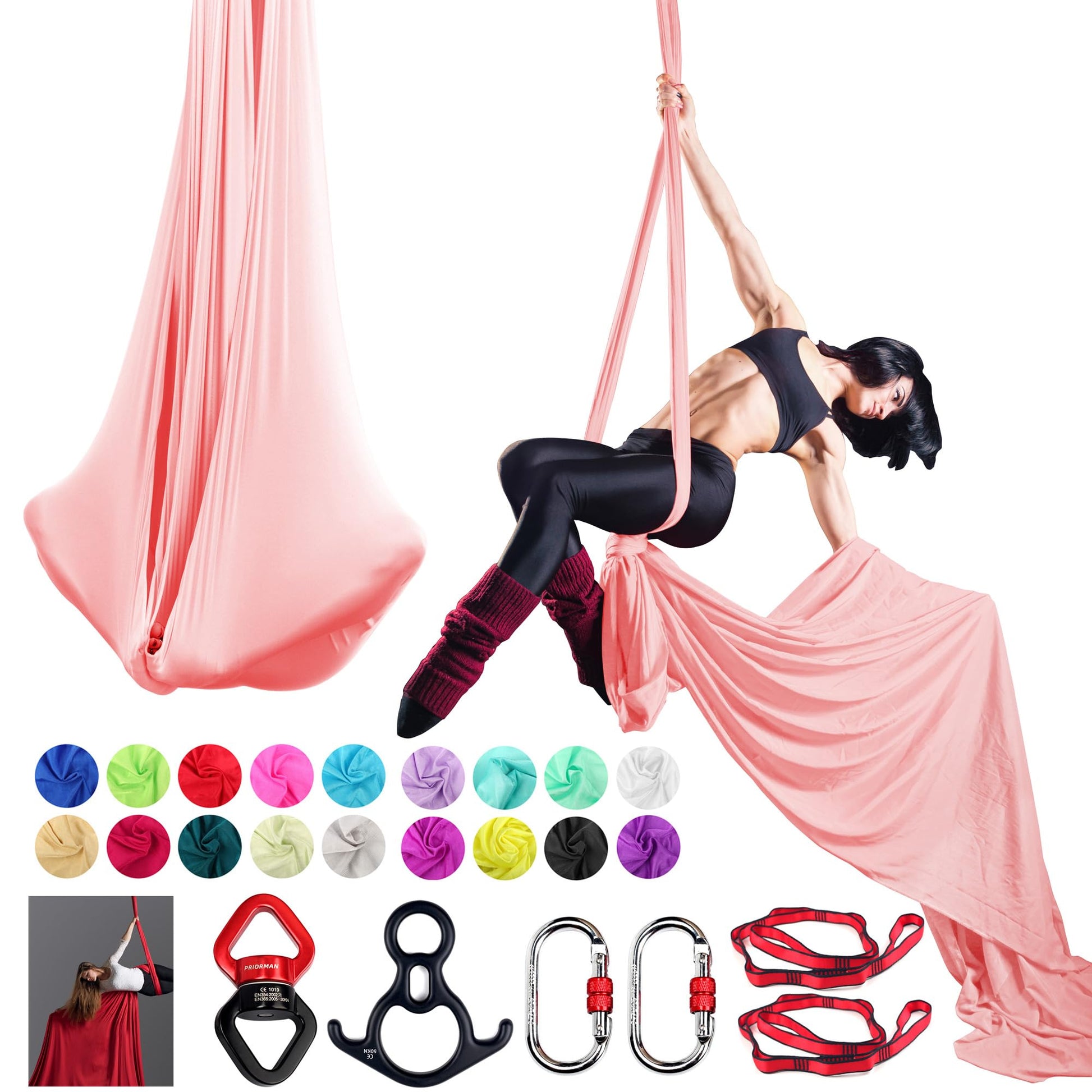Aerial Silks Set, Premium Ariel Yoga Hammock 9 Yards Aerial Silk, Low-Stretch Fabric, Yoga Starter Kit for Home, Aerial Rig for All Skill Levels - All Hardware Included