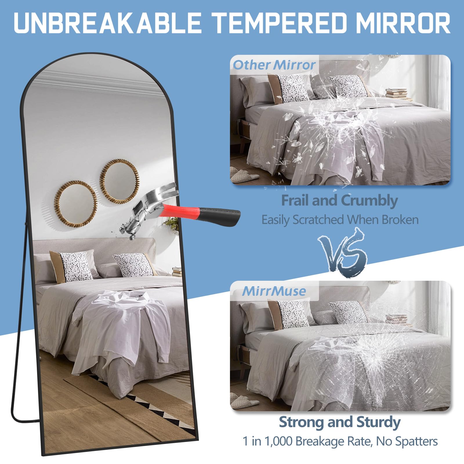 Oversized Floor Mirror Full Length with Stand, 72"X44" Extra Large Arch Standing Mirror Full Length, Tempered Glass Black Full Body Mirror for Bedroom Living Room, Aluminum Alloy Frame
