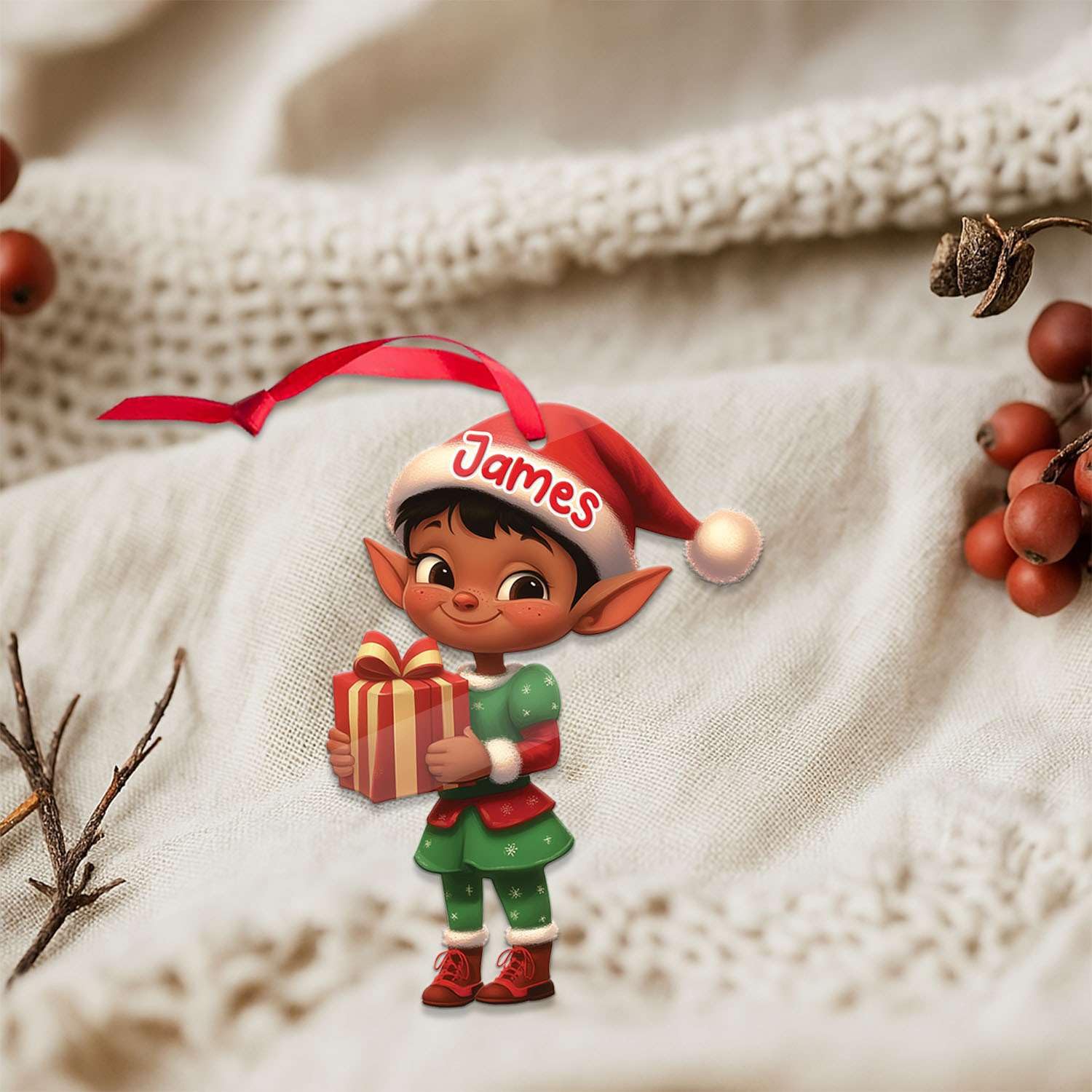 2D Acrylic Christmas Elf Shaped Ornament with Gift Box, Personalized Name Holiday Keepsake, Cute Ornament for Kids Room, Custom Name African-Inspired Decoration, Gifts for Boys