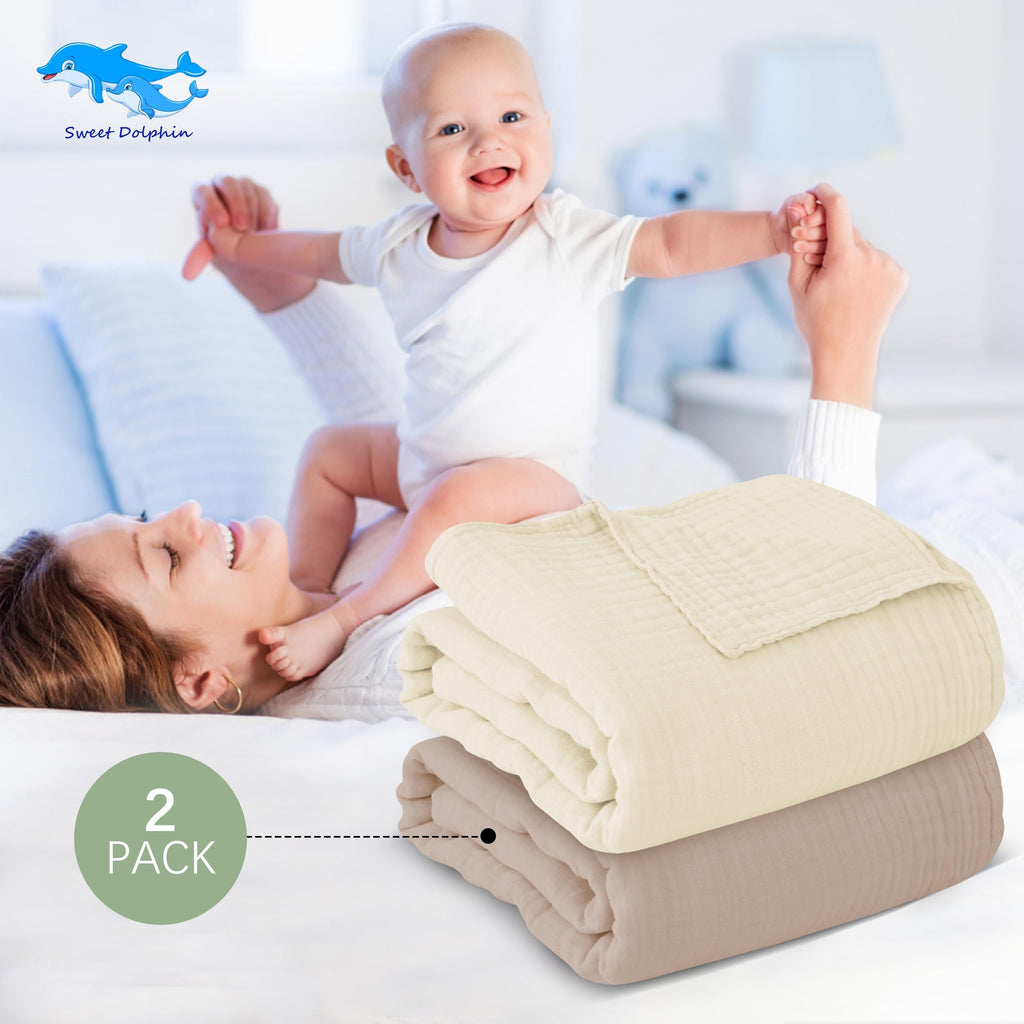 SWEET DOLPHIN Muslin Hooded Baby Bath Towels - 2 Pack 100% Cotton Towel for Babies, Infants, Toddlers - 32x32Inch - Highly Absorbent and Newborn Essential, Light Bean Paste