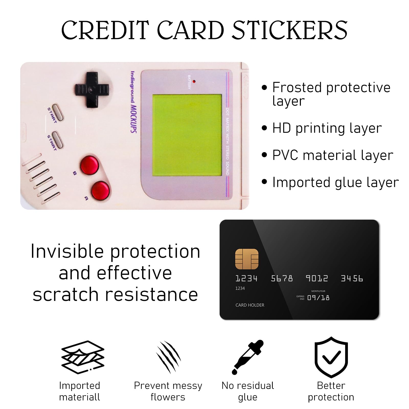 4PCS Credit Card Skin Set, Waterproof Debit Card Sticker Game Machine Theme Bank Card Sticker Skins - Black