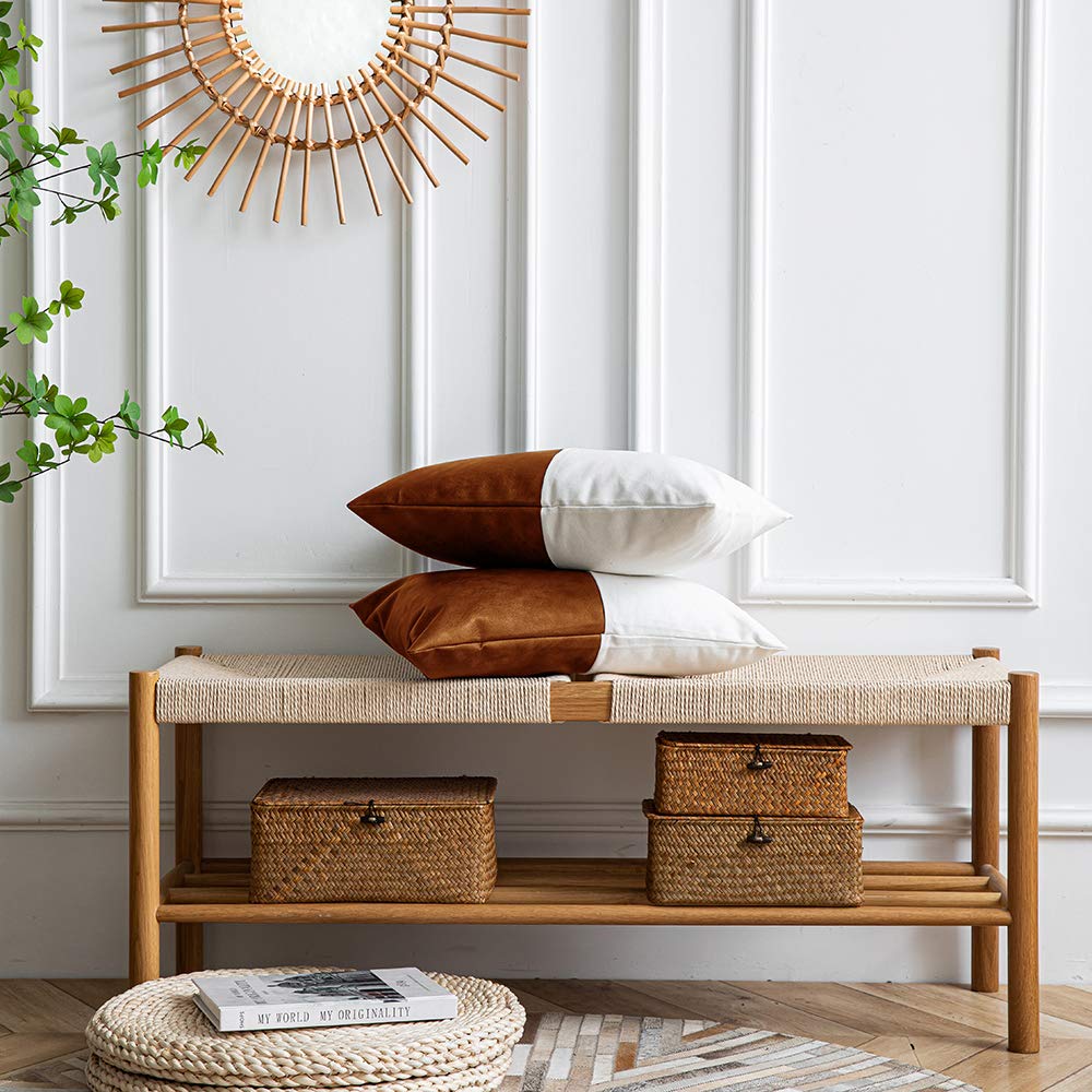 DEZENE Leather Throw Pillow Covers, Set of 2 Modern Leather/Cotton Decorative Pillowcases for Home Decor Bedroom Living Room Couch Bed Sofa, 18x18 Inch, Cognac-Brown and White