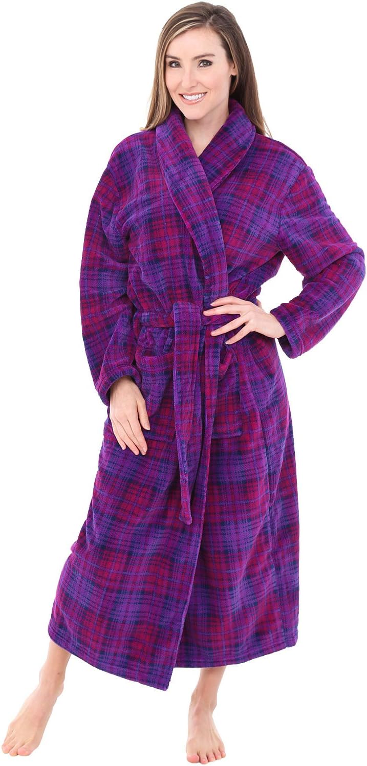 Alexander Del Rossa Plush Striped Robe for Women, Long Fleece Plaid Winter Bath Robe, Plus Size