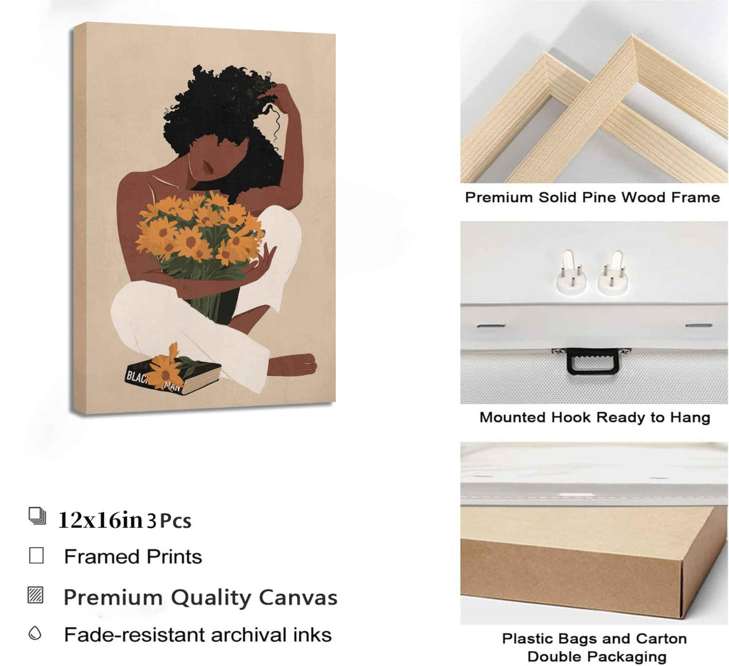 WSTUKVV 3Pcs Black Girl Bathroom Wall Art Boho Black Woman Posters Pictures African American Canvas Prints Fashion Abstract Paintings For Bathroom Home Bedroom Living Room Wall Decor Frame
