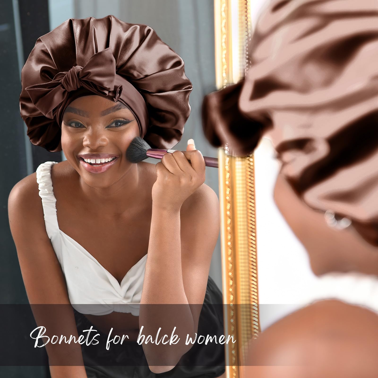YANIBEST Silk Bonnet for Sleeping Women Satin Bonnet Double Layer Satin Lined Hair Bonnet with Tie Band Curly Hair Blush Pink