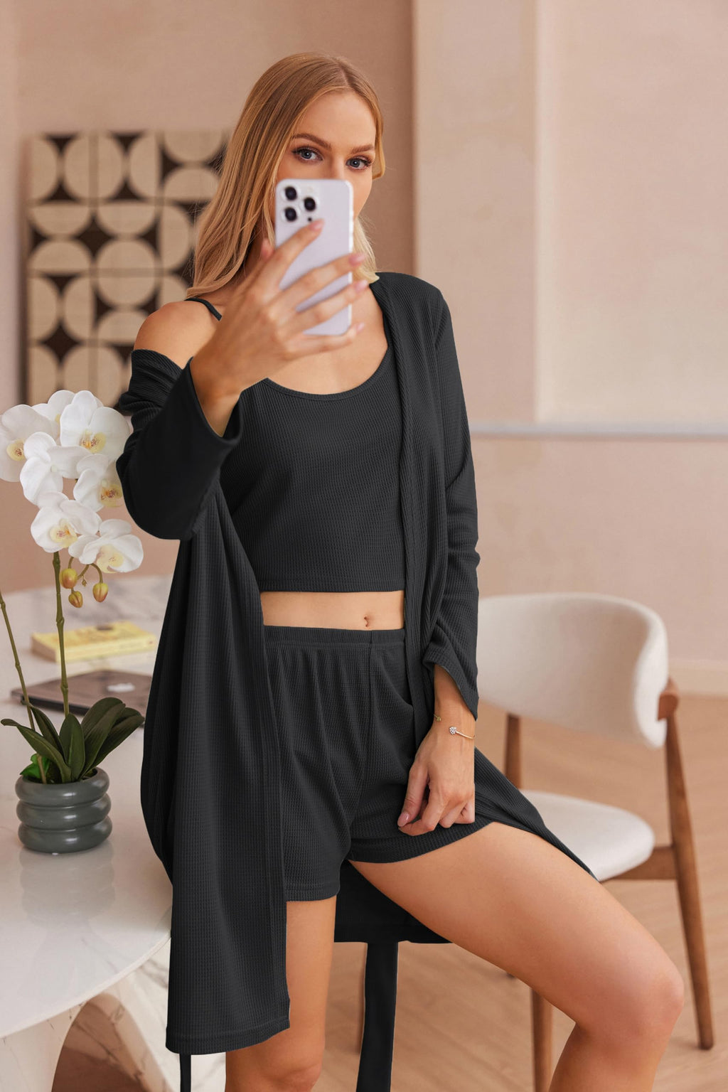 Ekouaer Womens 3 Piece Waffle Knit Lounge Set Soft Pajama Sets Tank Top and Shorts Cardigan with Pockets S-XXL