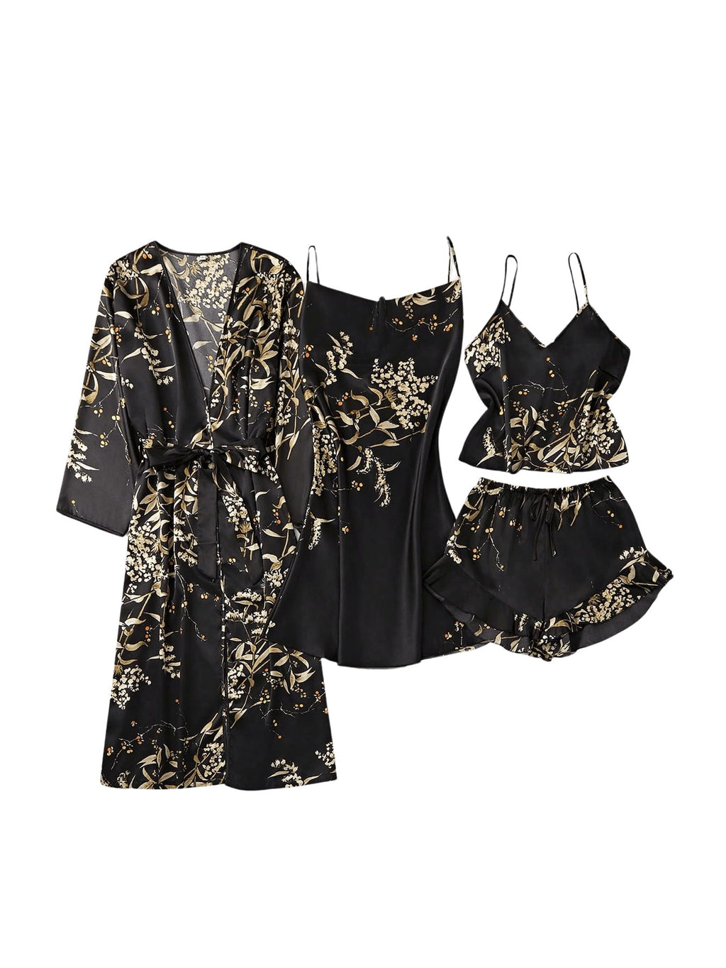 GORGLITTER Women's 5 Piece Floral Print Satin Pajama Set Nightgown Robe Cami Shorts Sleepwear with Storage Bag