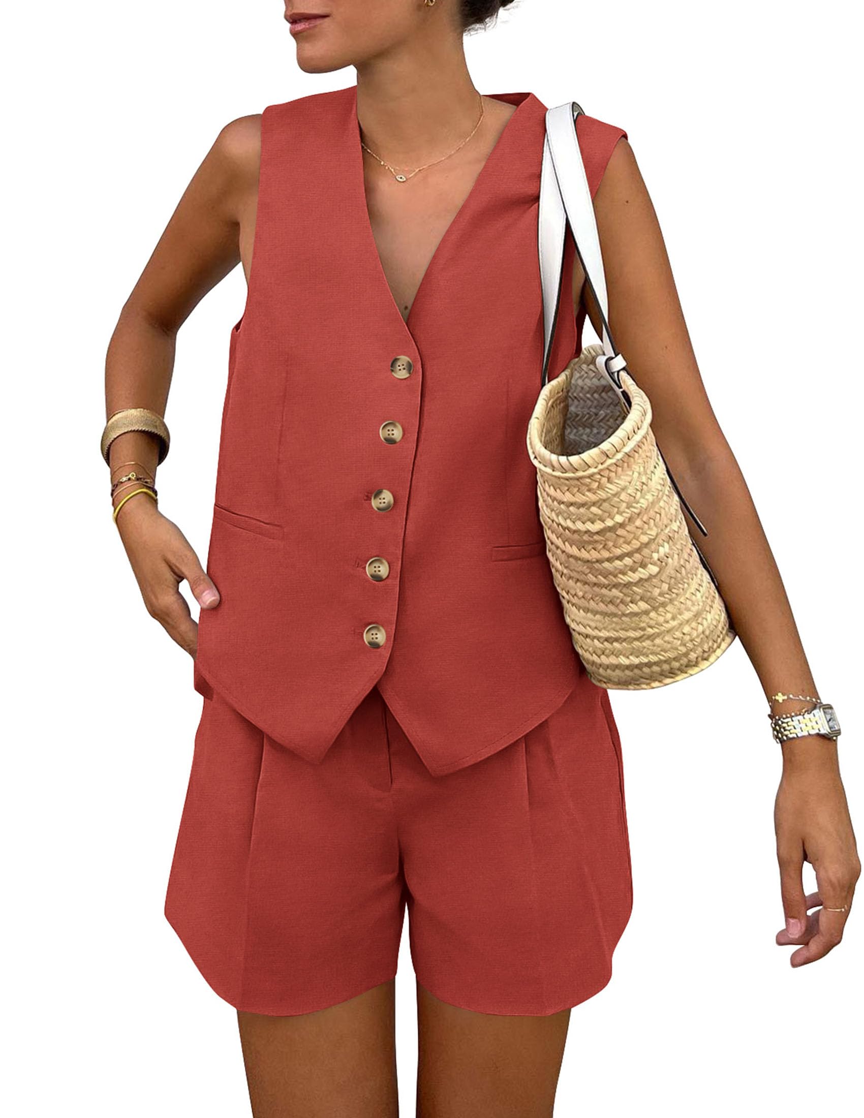 PRETTYGARDEN Women's Summer 2 Piece Outfits Sleeveless Matching Sets Button Down V Neck Vest Waistcoat and Pockets Shorts