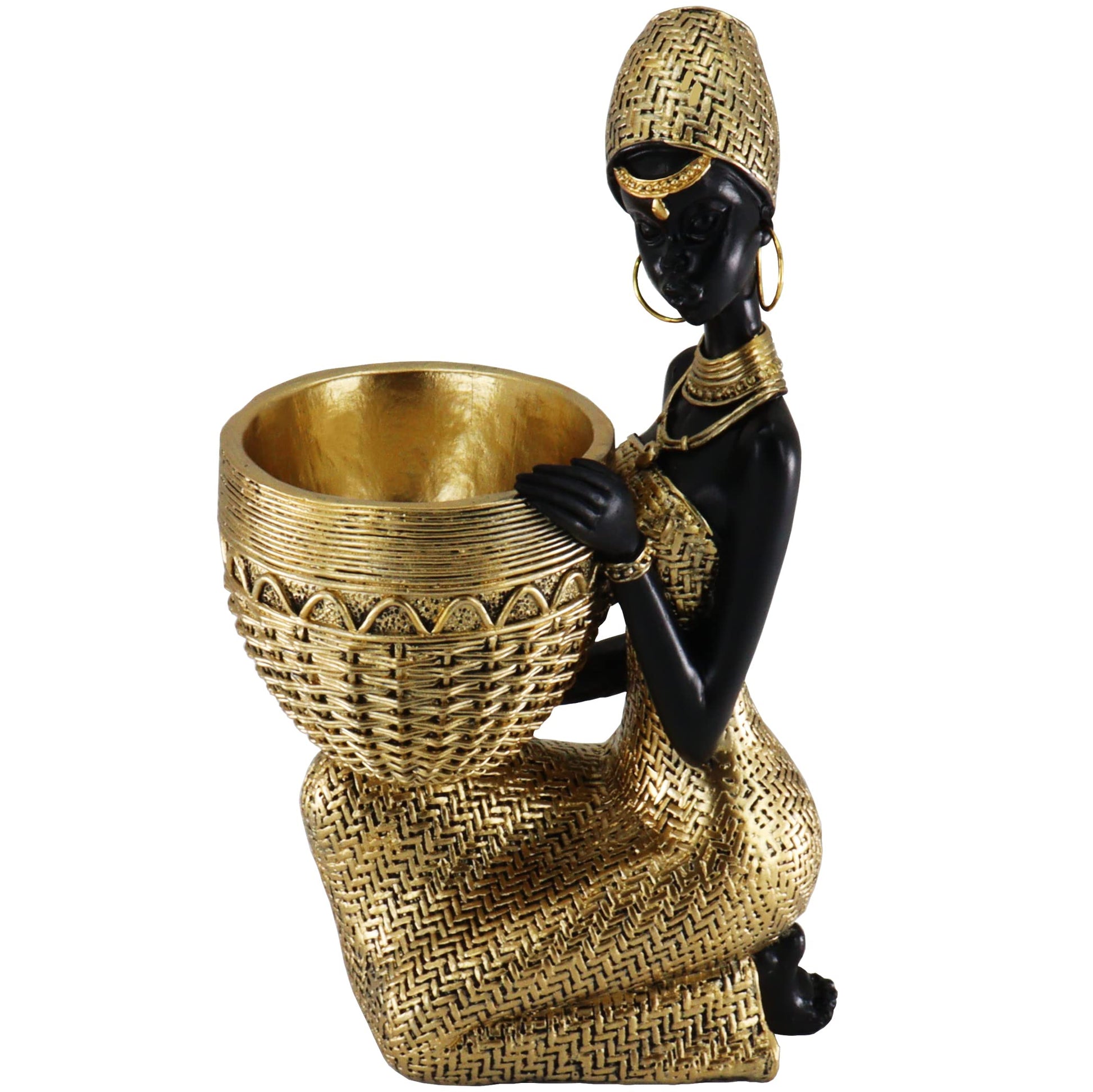 Handmade African Tribal Woman Sculpture - Gold Adorned Seated Figure with Basket, Vintage Resin Statue for Home Decor, Unique Housewarming Gift for Shelf/Table (9.65" H)