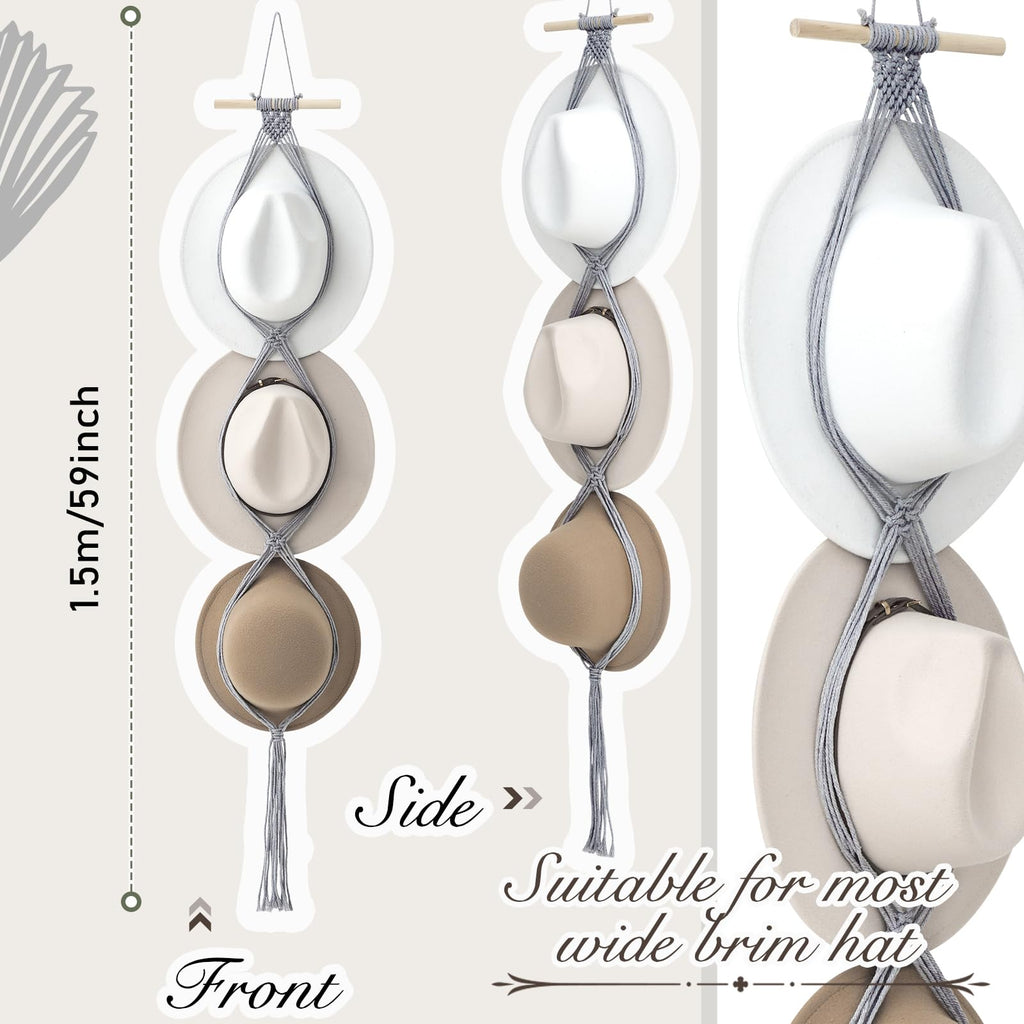 Yulejo Macrame Hat Hangers Boho Hat Rack for Wall Western Cowboy Hanging Organizer for Door Wall Room Bedroom